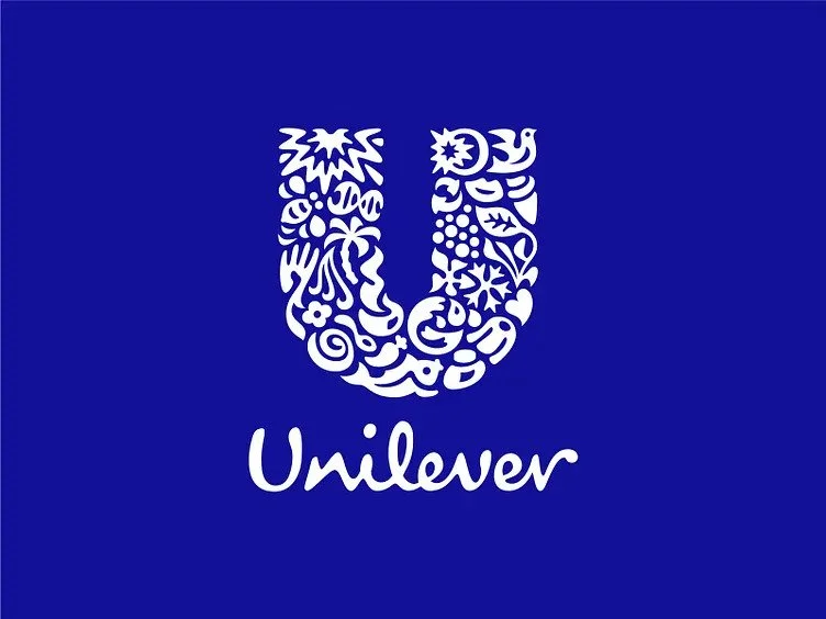 Unilever logo with a large U symbol filled with floral and abstract designs, and the word 'Unilever' underneath on a blue background.