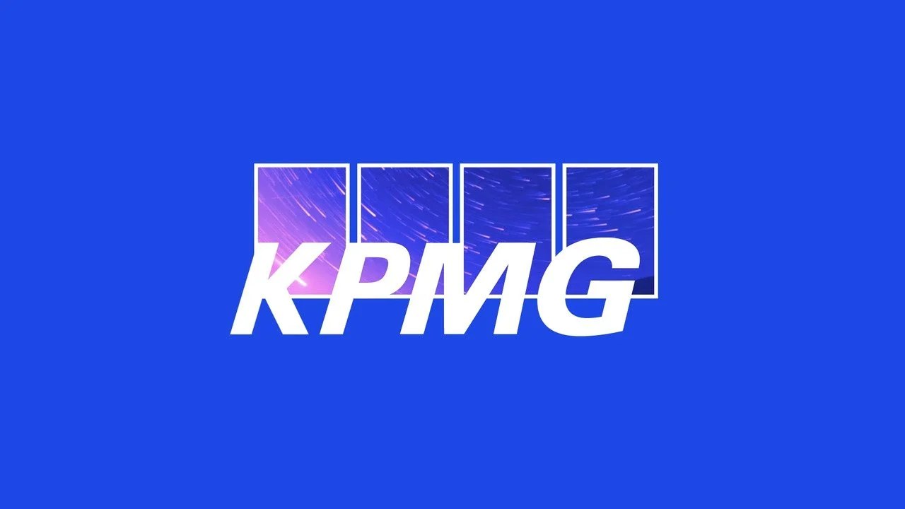 KPMG logo with a blue background, featuring four square icons with star trail images and the word 'KPMG' in bold white letters.