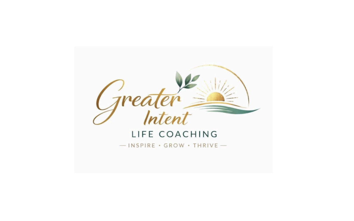 Logo for Greater Intent Life Coaching with a sunrise and leaves design, including the tagline Inspire, Grow, Thrive.