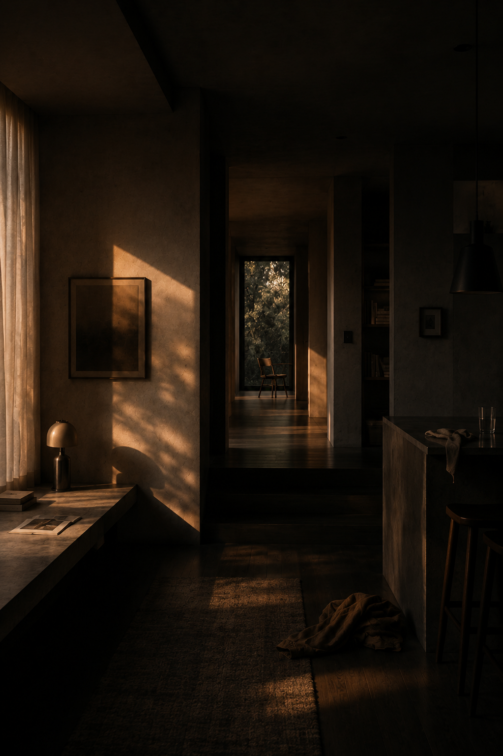 A contemplative domestic space where warmth, solitude, and architectural stillness coexist to explore the emotional psychology of home environments.