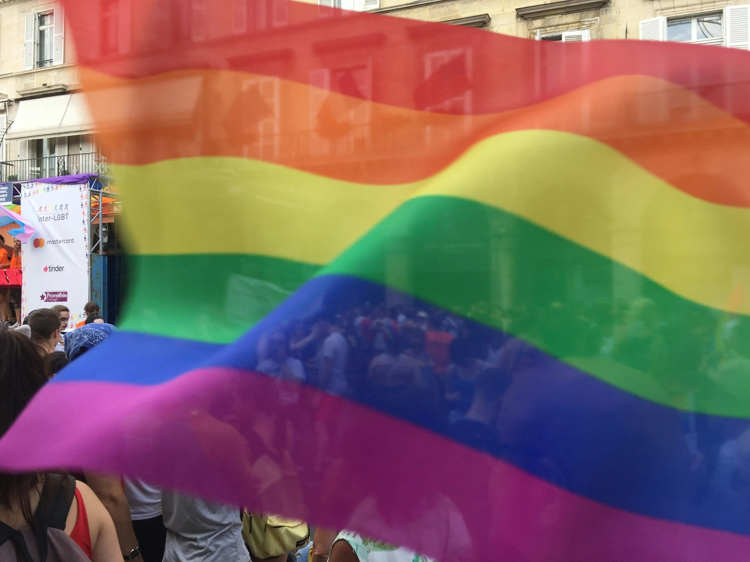 A crowd at a pride parade with people holding up rainbow-colored flags and banners in the background.