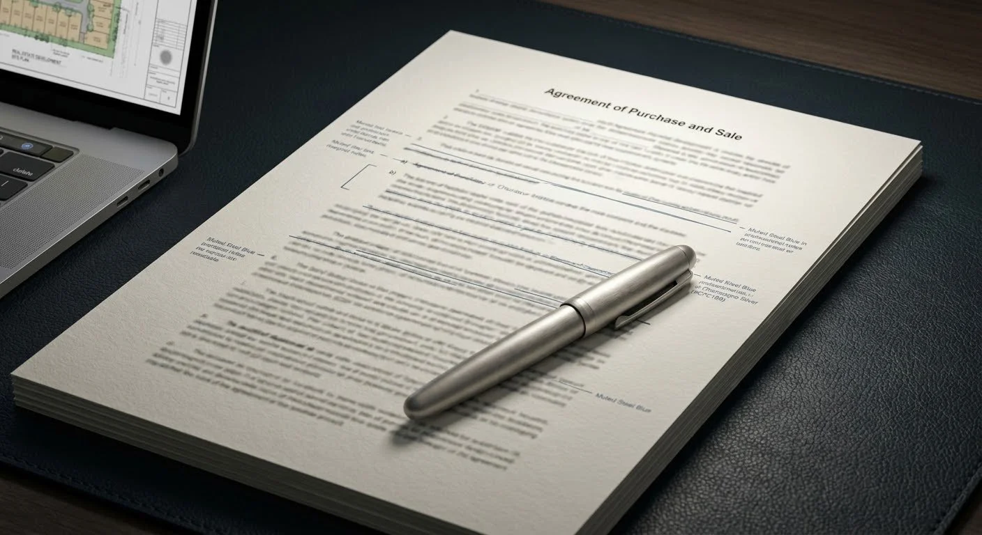A printed legal document titled 'Agreement of Purchase and Sale' on a stack of paper, with a metallic pen resting on top, placed on a desk with a closed laptop nearby that shows a digital map or architectural plan.
