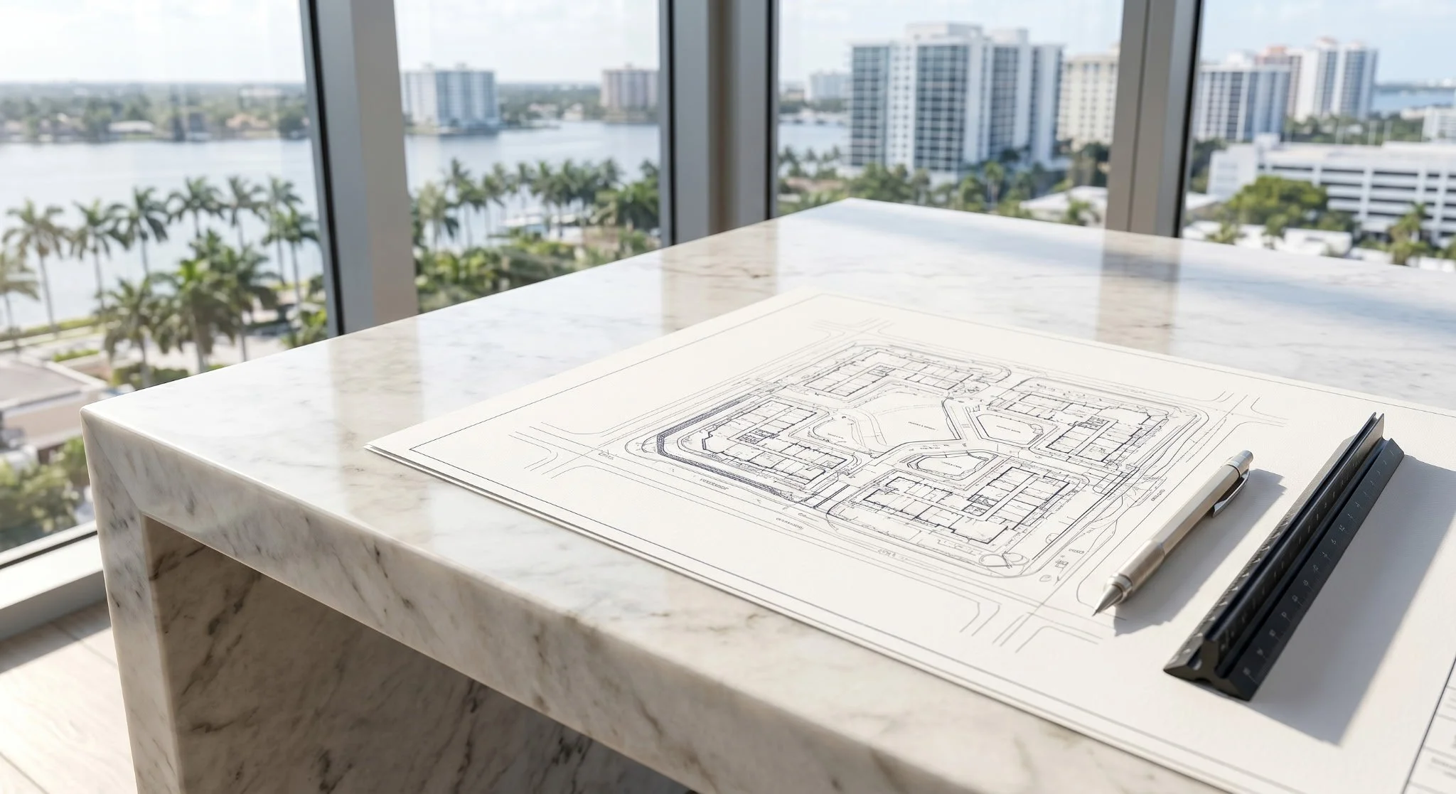 Architectural blueprint on a marble table with a city skyline view in the background.