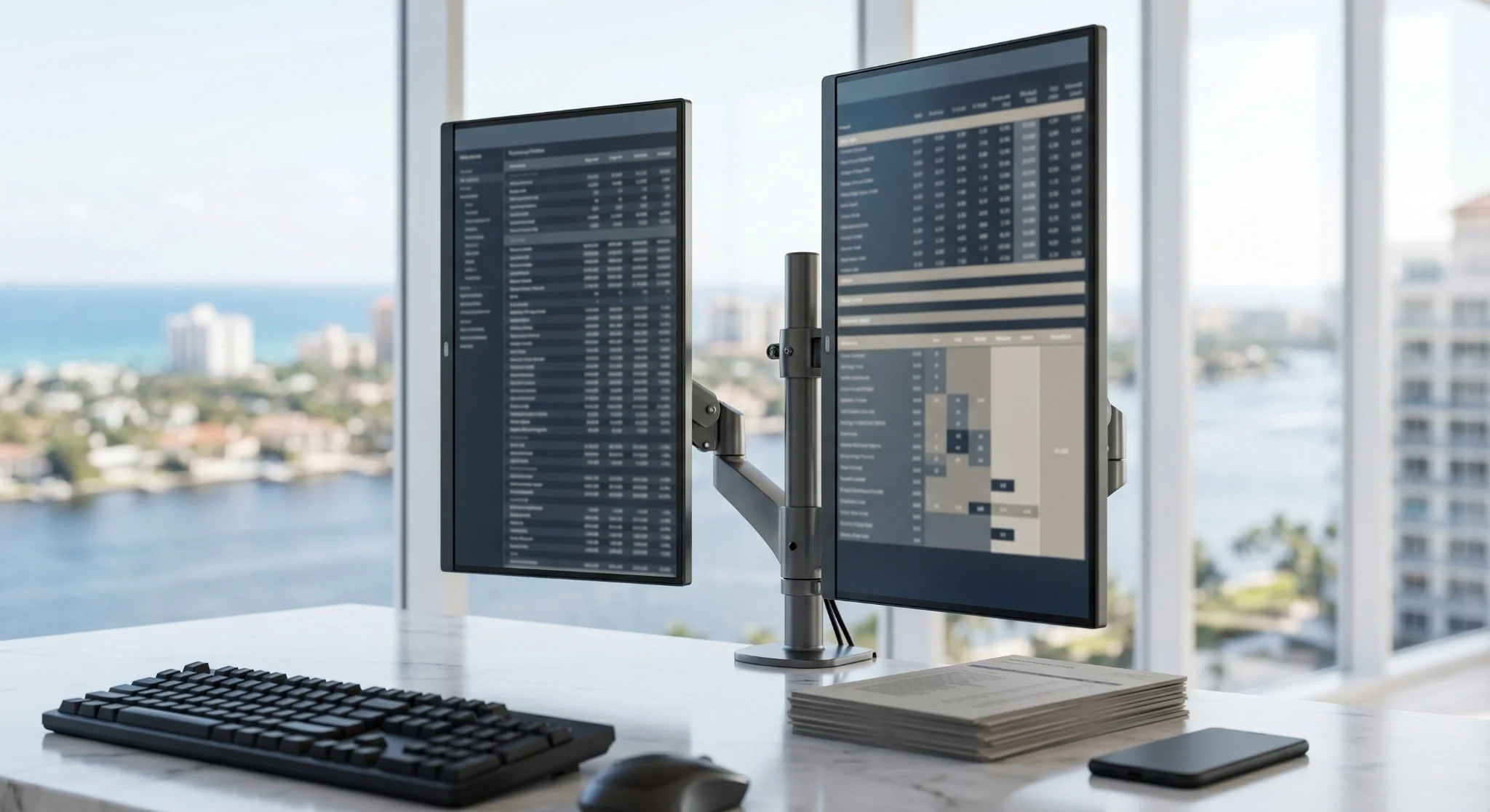 Dual computer monitors displaying financial data on a bright office desk with a cityscape view in the background.