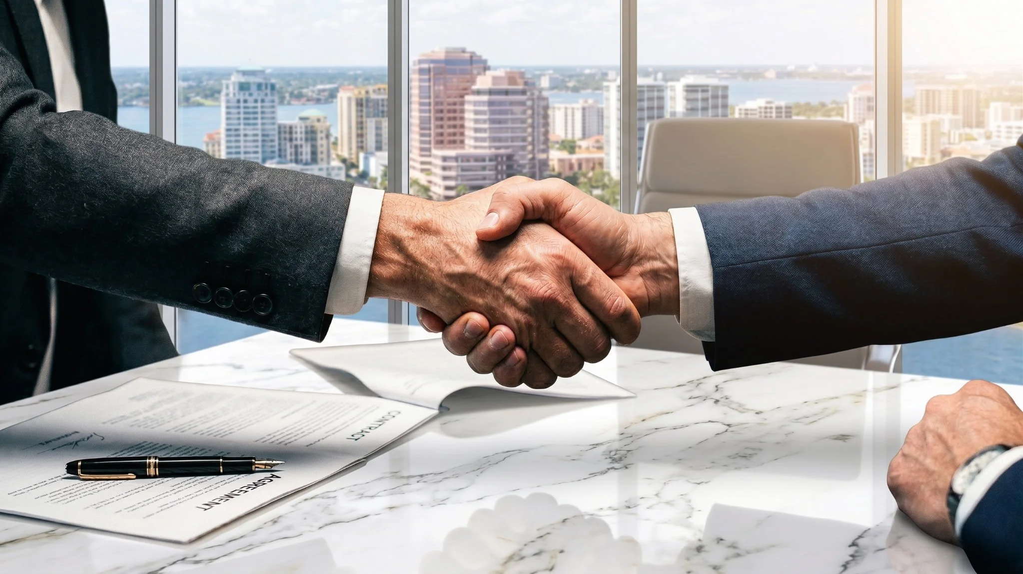 Two people in business suits shaking hands over a table with documents and a pen, with a city skyline and river visible through large windows in the background.