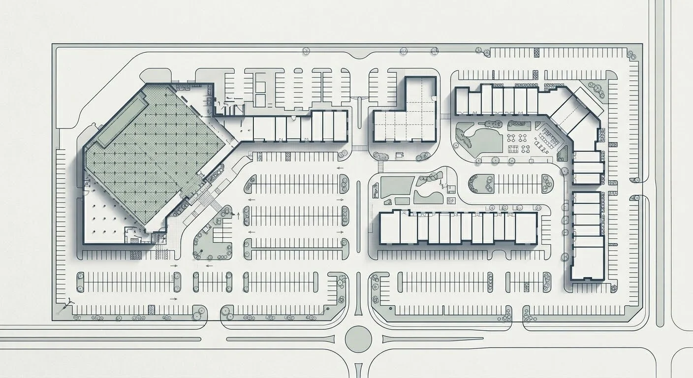 Architectural site plan or layout of a large commercial or institutional complex with multiple buildings, parking lots, landscaping, and pathways.