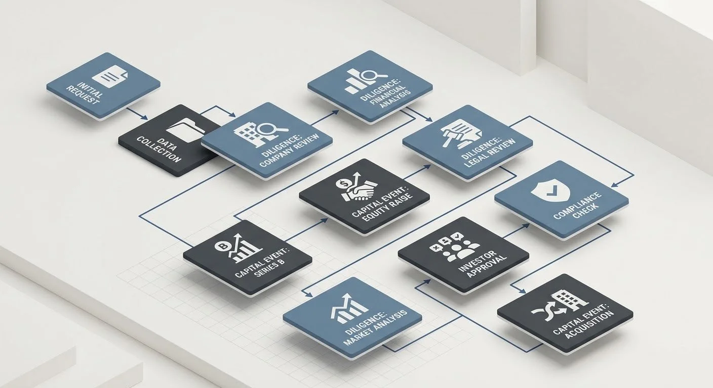Flowchart illustrating the process of an initial request, data collection, company review, financial analysis, legal review, compliance check, investor approval, market analysis, and acquisition.