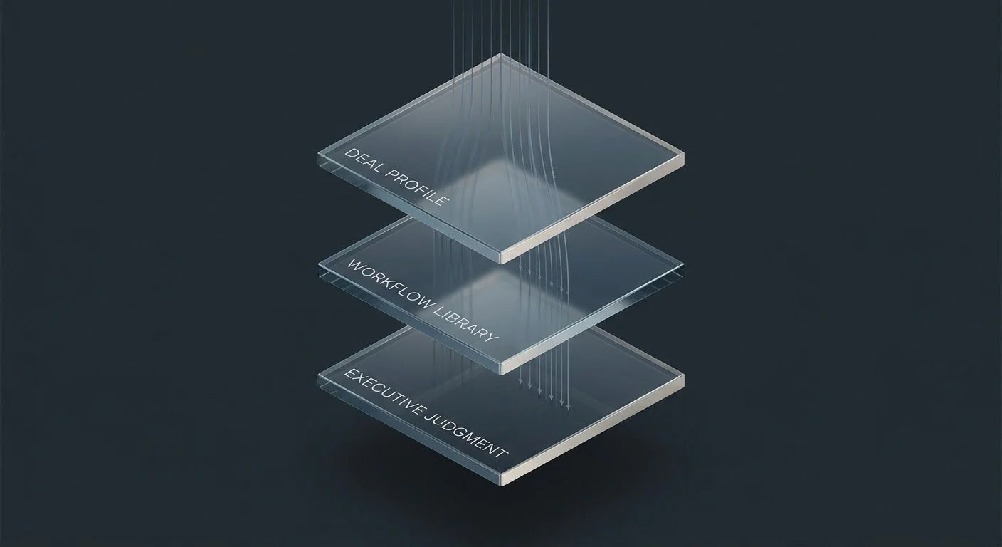 Three transparent layers labeled 'Deal Profile,' 'Workflow/Library,' and 'Executive Judgment' with lines connecting from above to the layers.