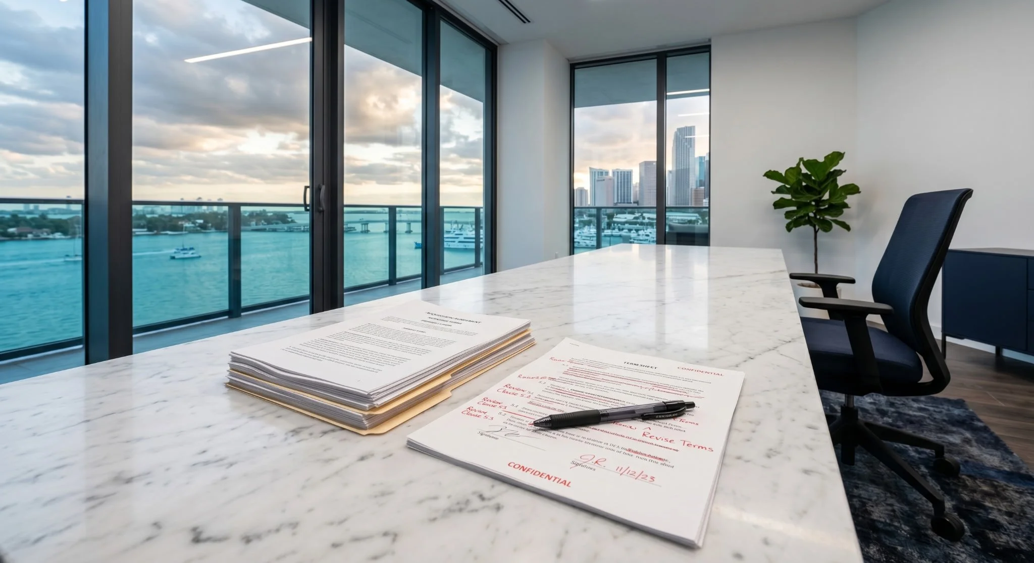 Modern office conference room with a white marble table, a black office chair, several stacks of documents, and a large window with a city skyline and water view.