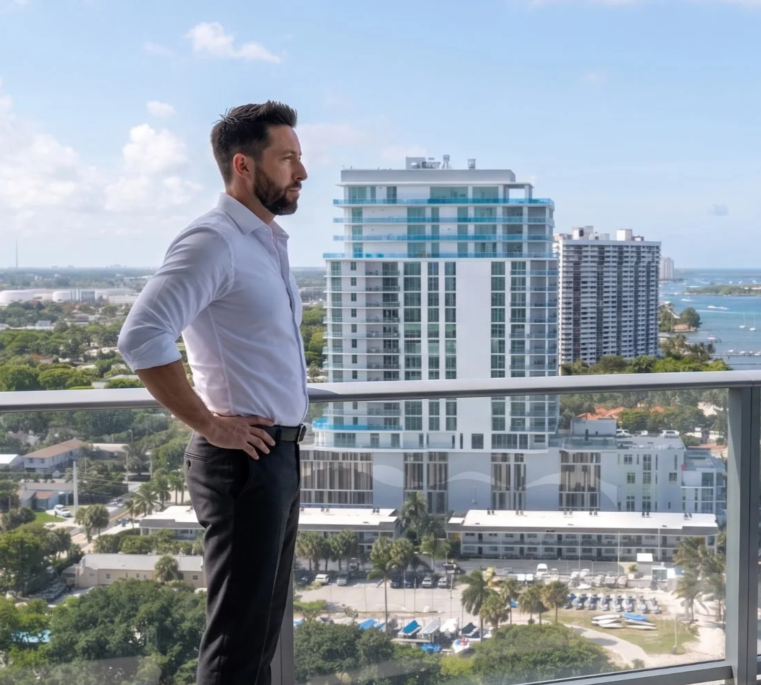 A man in a white shirt standing on a balcony overlooking a cityscape with high-rise buildings and water in the background.