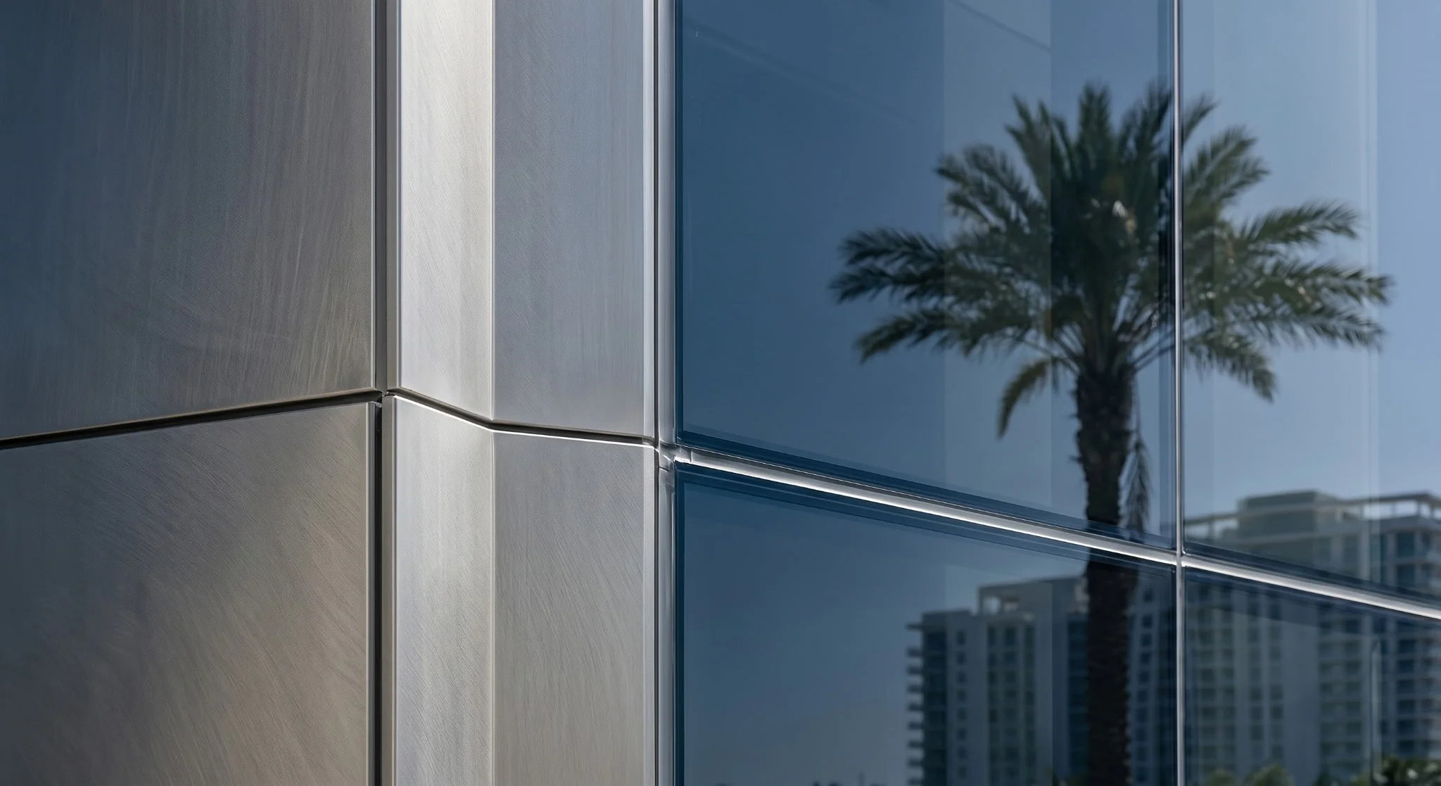 Close-up of modern building exterior with reflective glass panels and metallic surfaces, reflecting a palm tree and nearby buildings.
