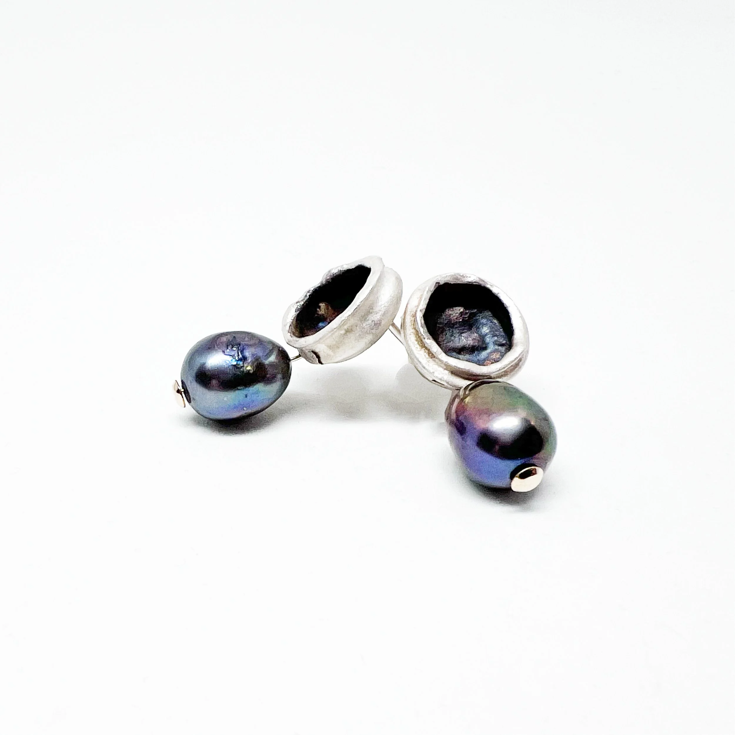 Water Cast Sterling Silver Earrings with Elegant Pearl Drop Detail