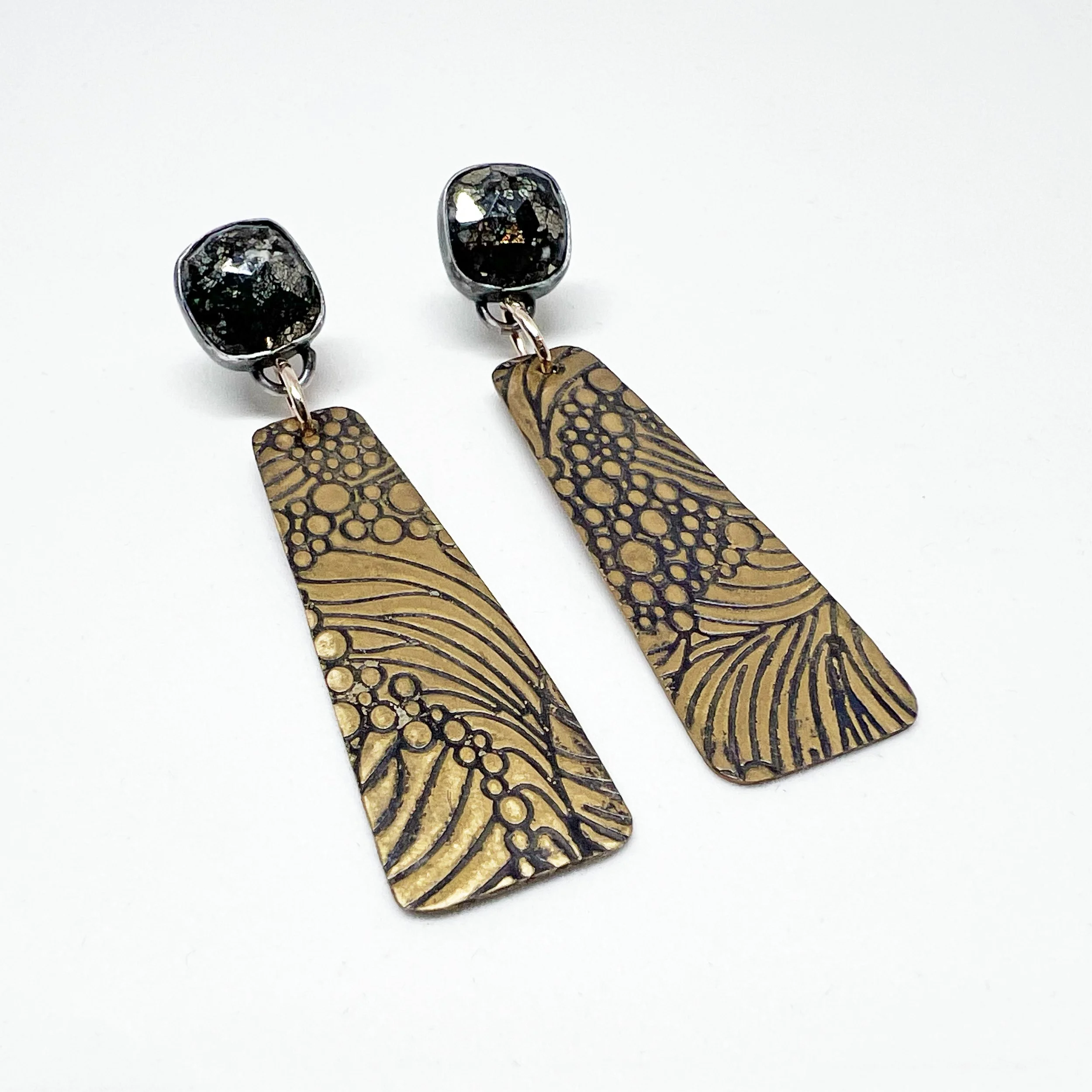Rose Cut Marcasite and Embossed Brass Dangle Earrings