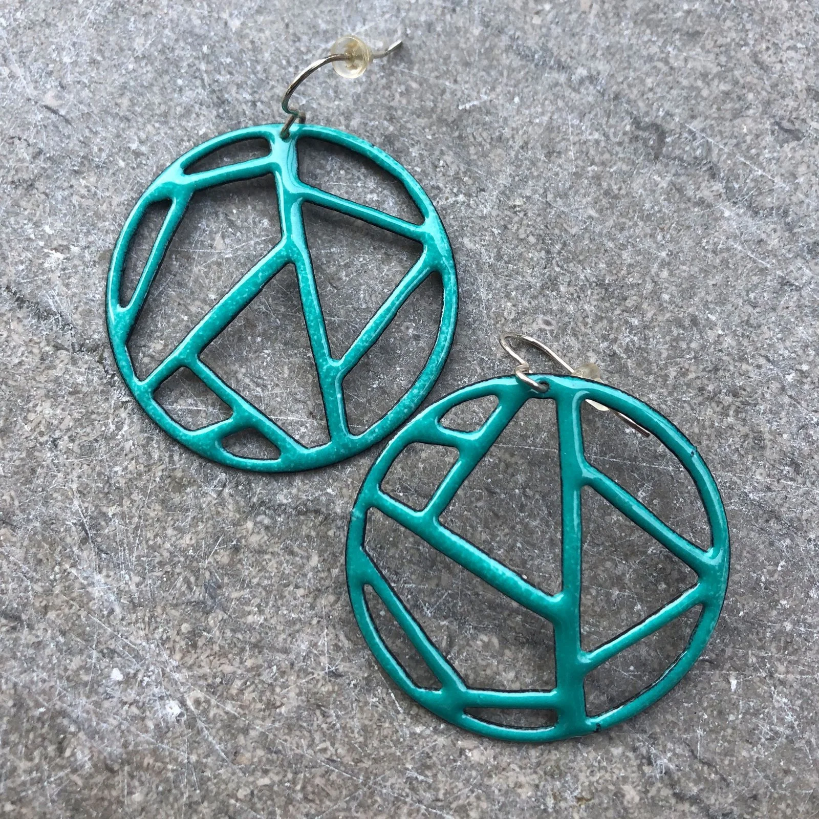 Teal Enameled Geometric Earrings, Handmade