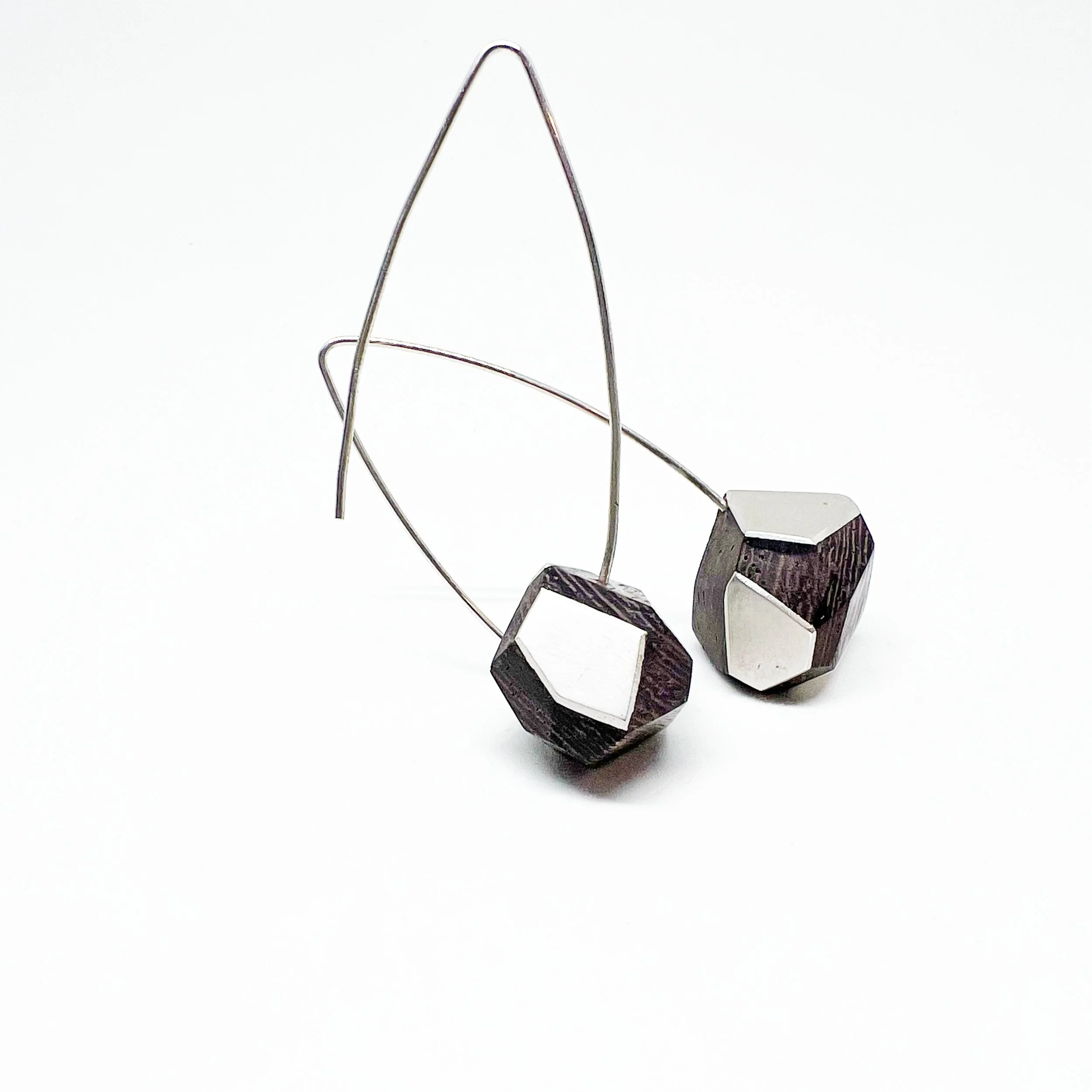 Geometric Wood and Silver Earrings – Handmade Minimalist Drop Earrings