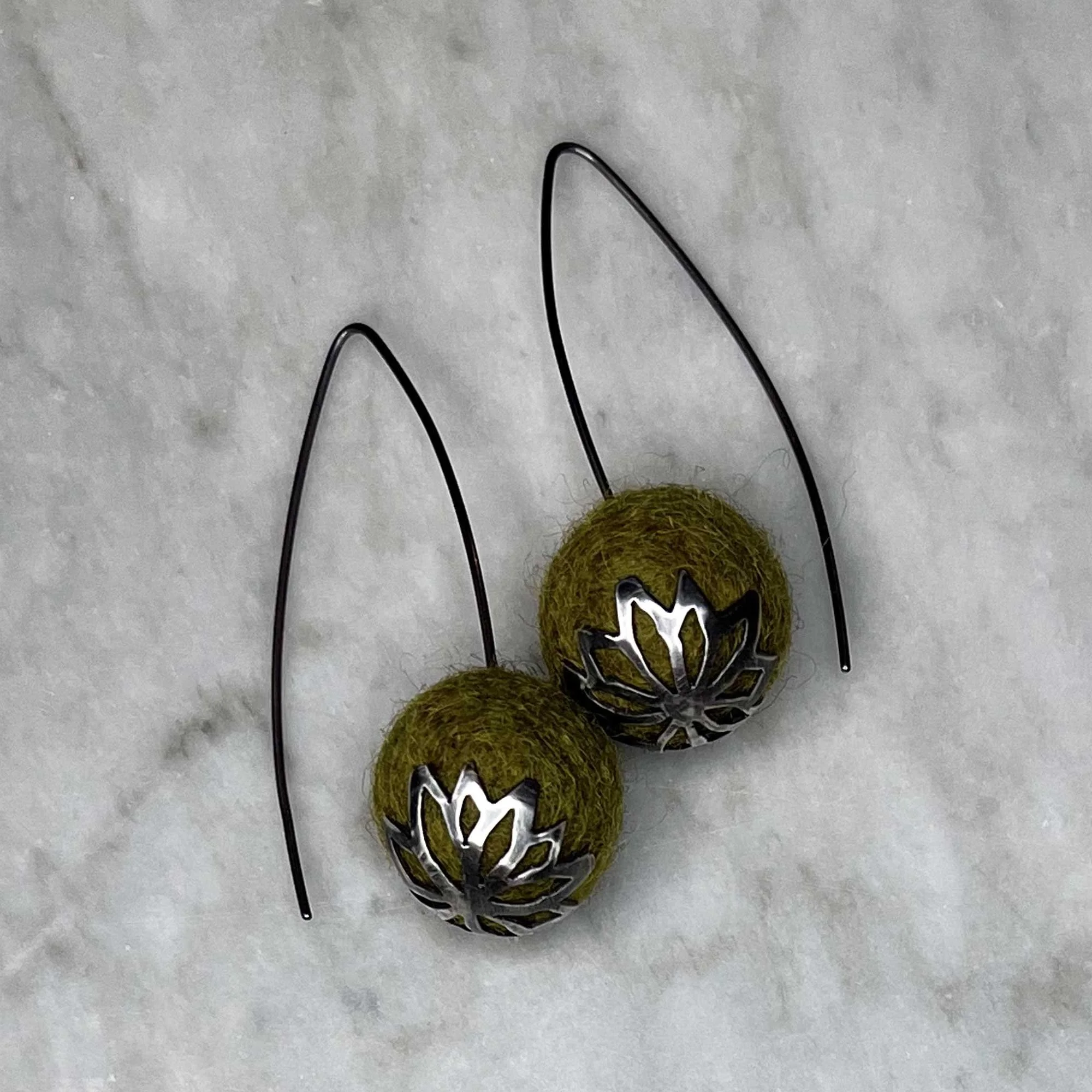 Green Felted Wool Drop Earrings w/ Cathedral Style Detail