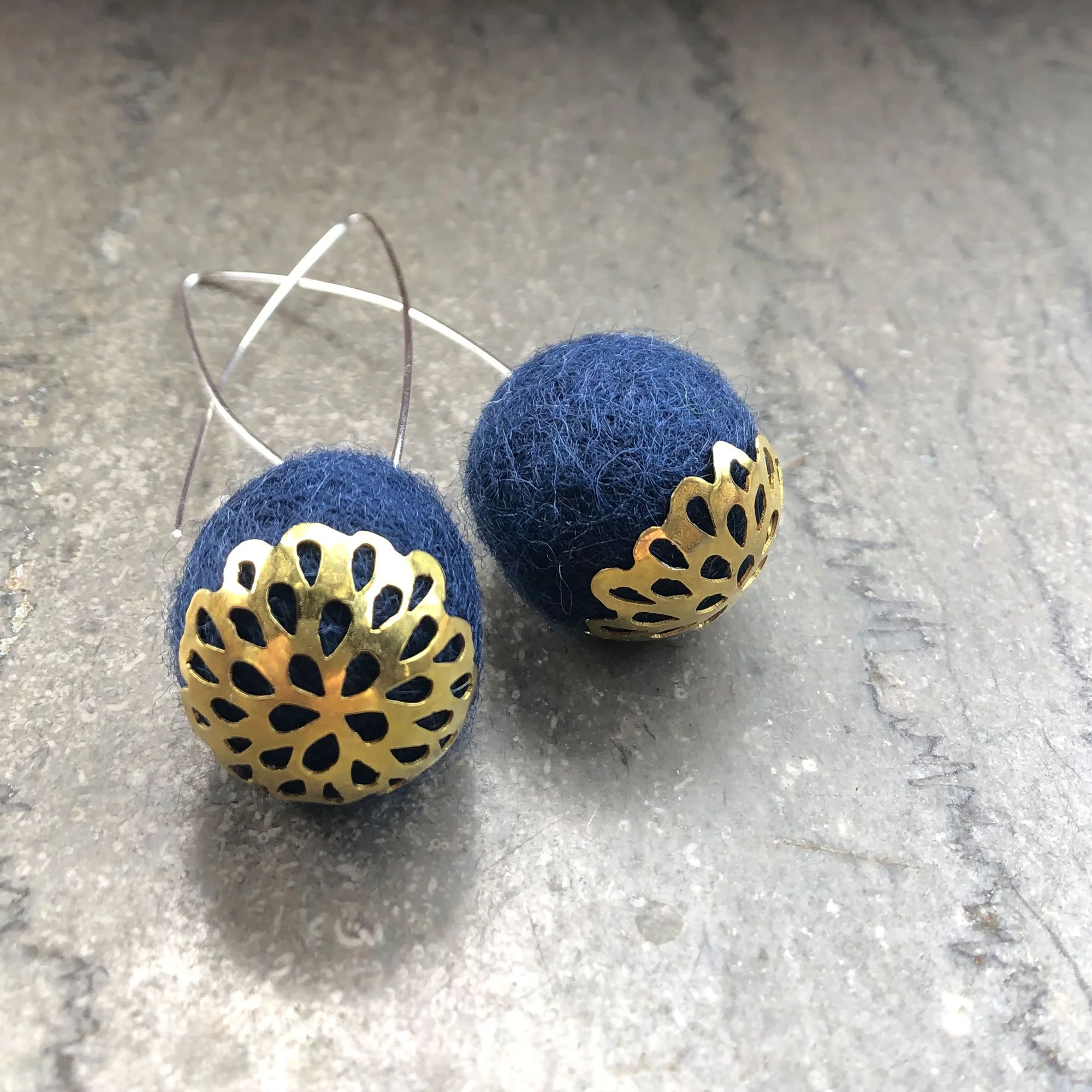 Navy Felted Wool Drop Earrings Detail Image