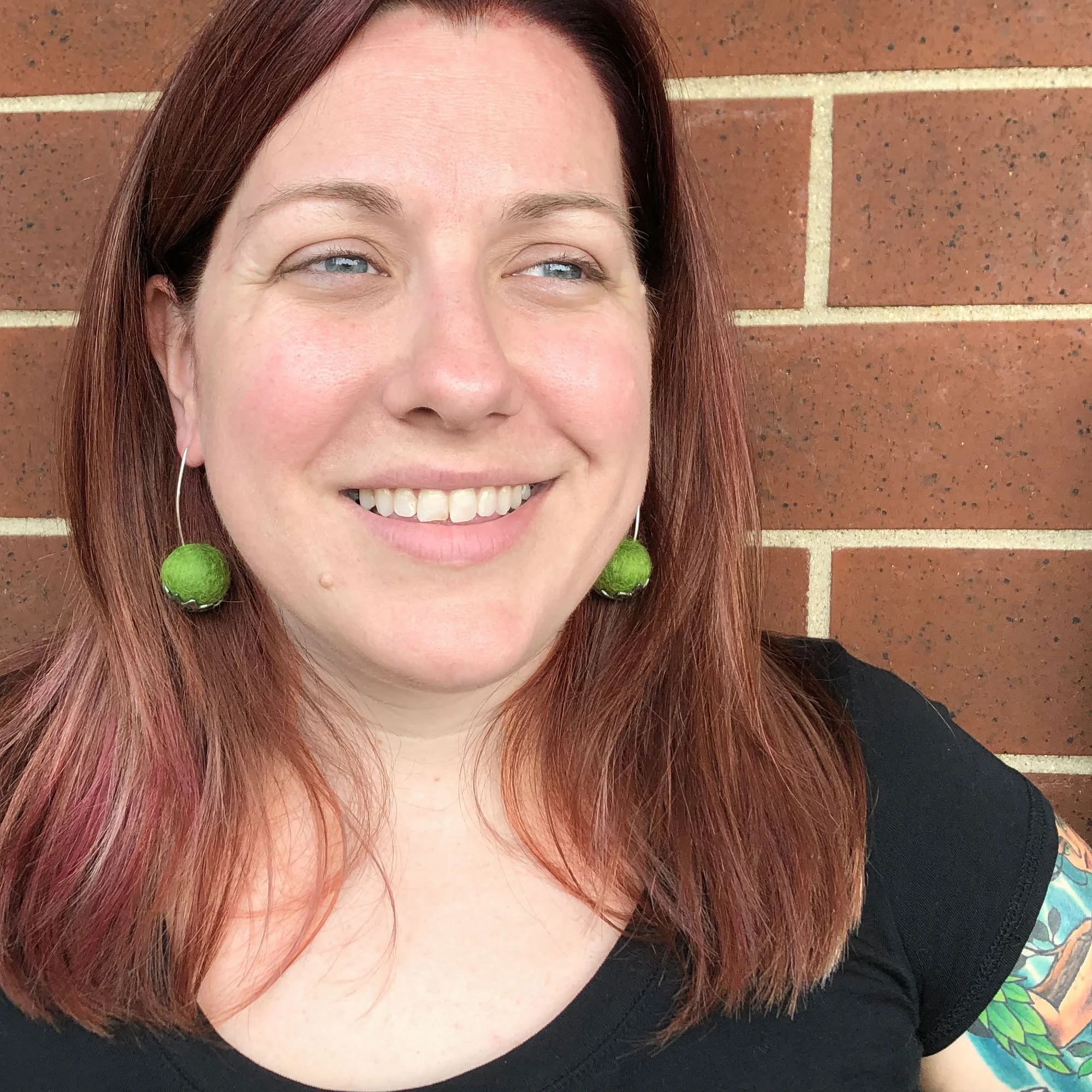 Handmade Green Felted Wool Drop Earrings w/ Model