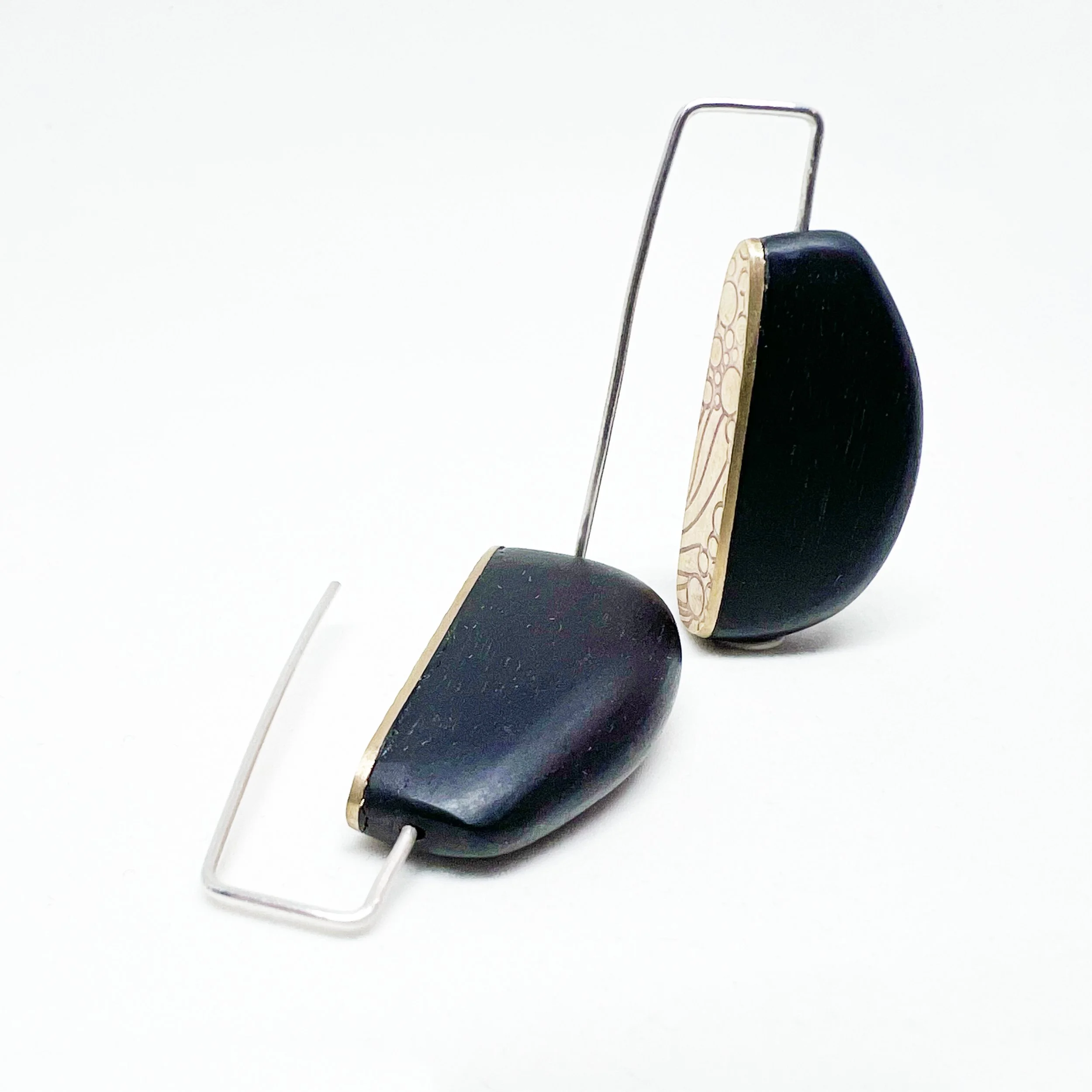 Unique Ebony Wood Drop Earrings with Red Brass & Sterling Silver Ear Wires