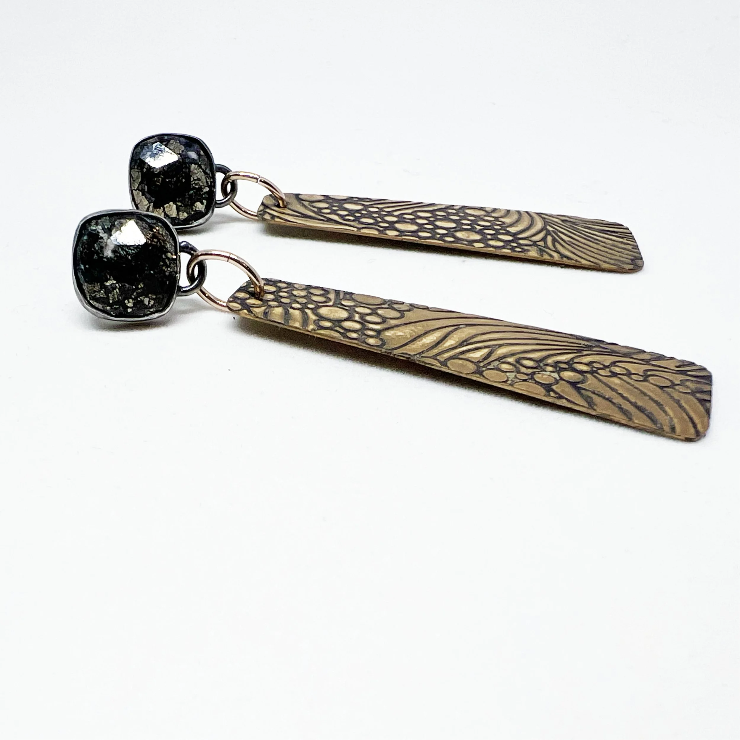Handmade Marcasite anf Embossed Brass Dangle Earrings