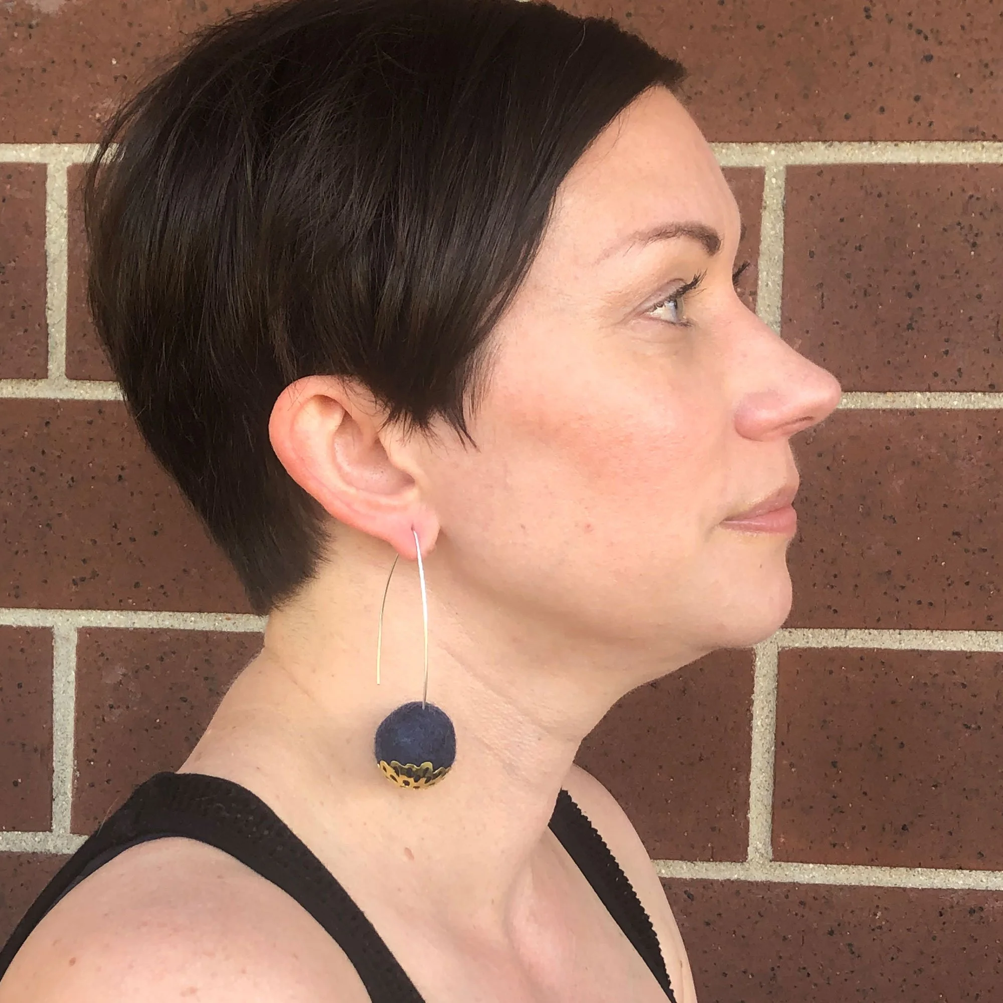 Navy Felted Wool Drop Earrings w/ Floral Detail