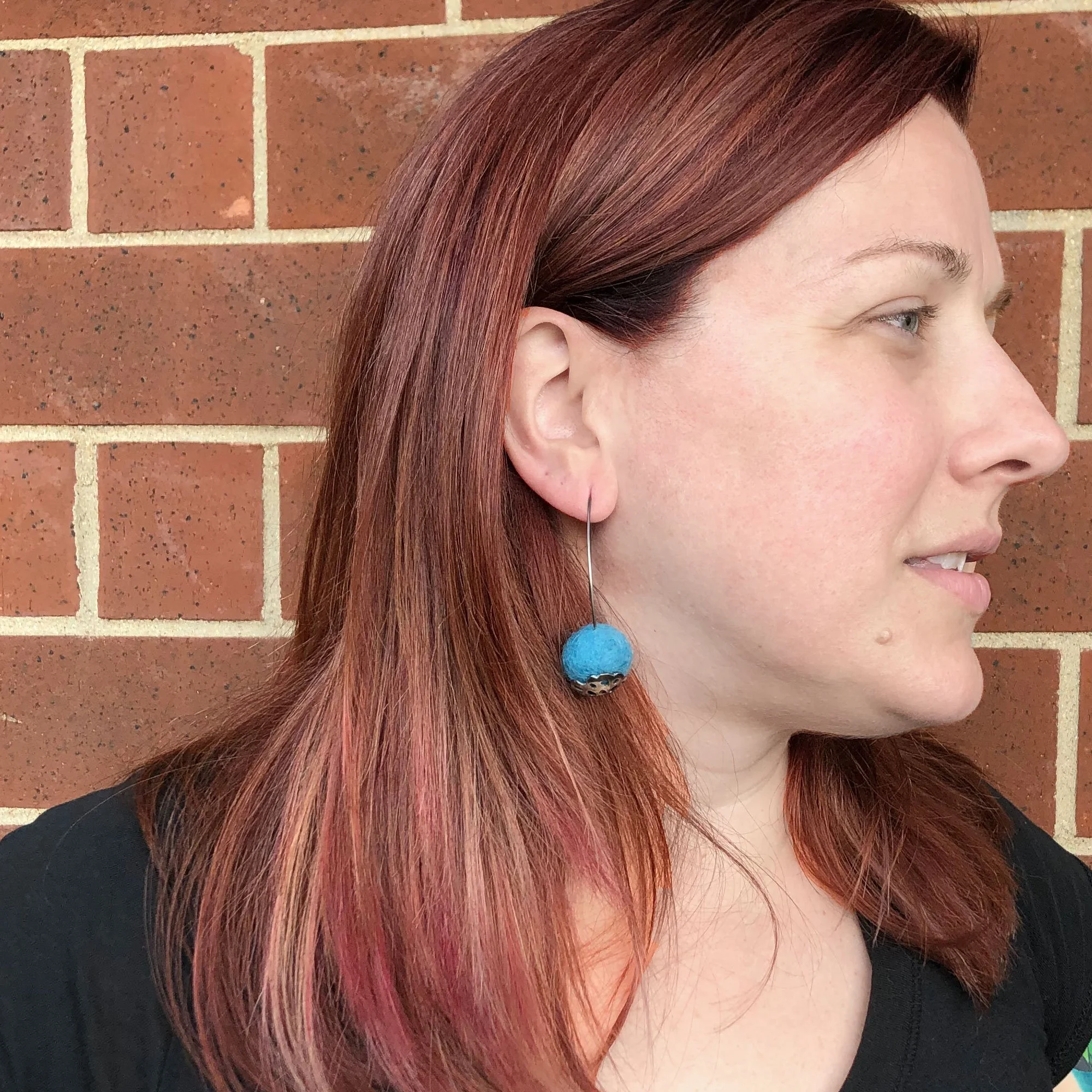 Blue Felted Wool Drop Earrings on model profile