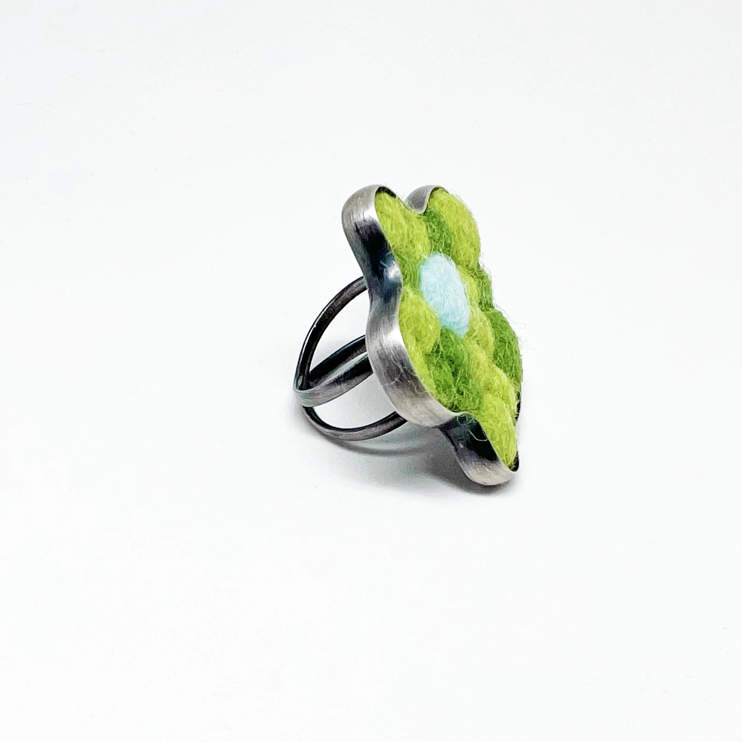Handmade Felted Wool Cocktail Ring in Green & Light Blue