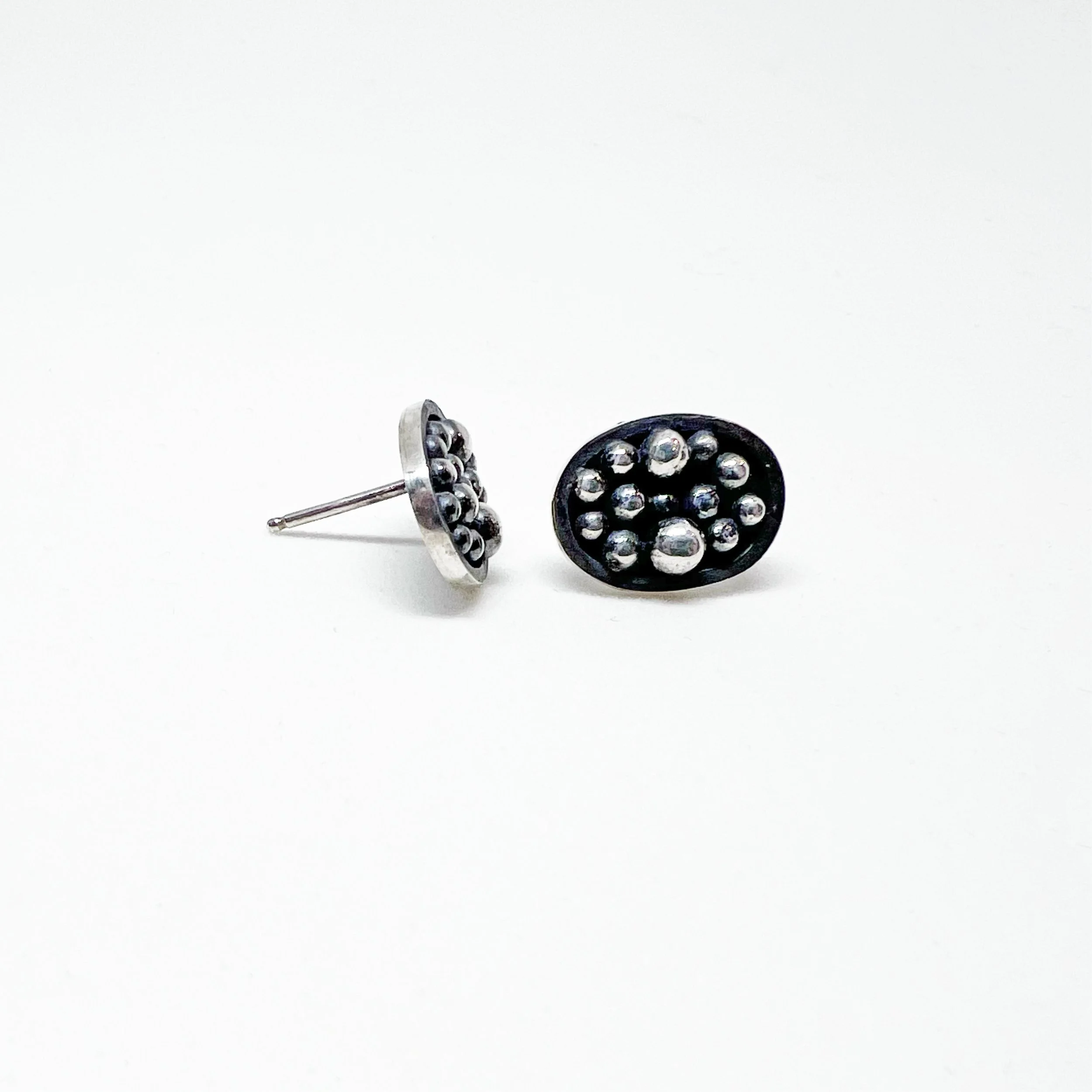 Granulated Sterling Silver Oval Stud Earrings – Handmade