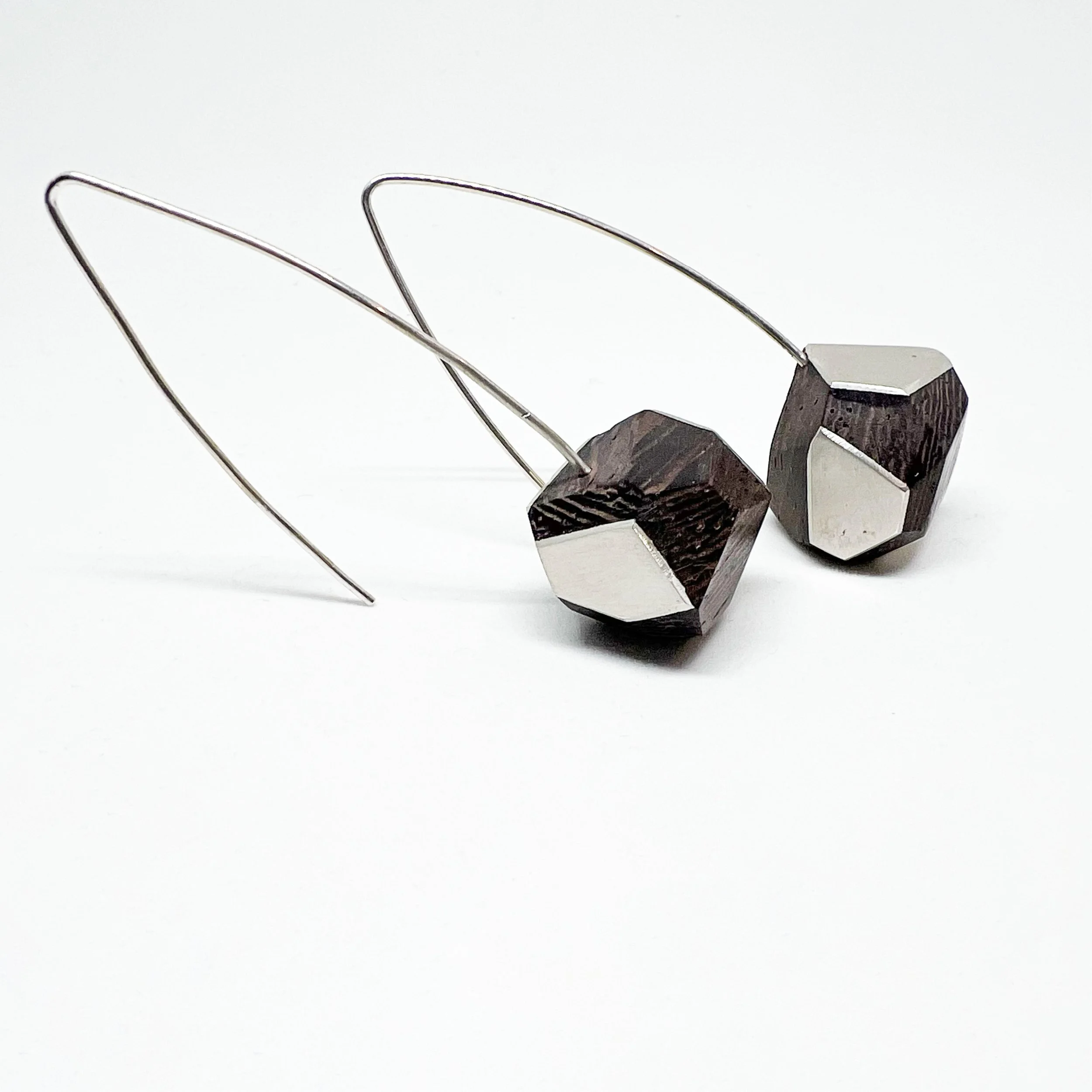 Geometric Wood Earrings with Sterling Silver Inlay Drop Earrings
