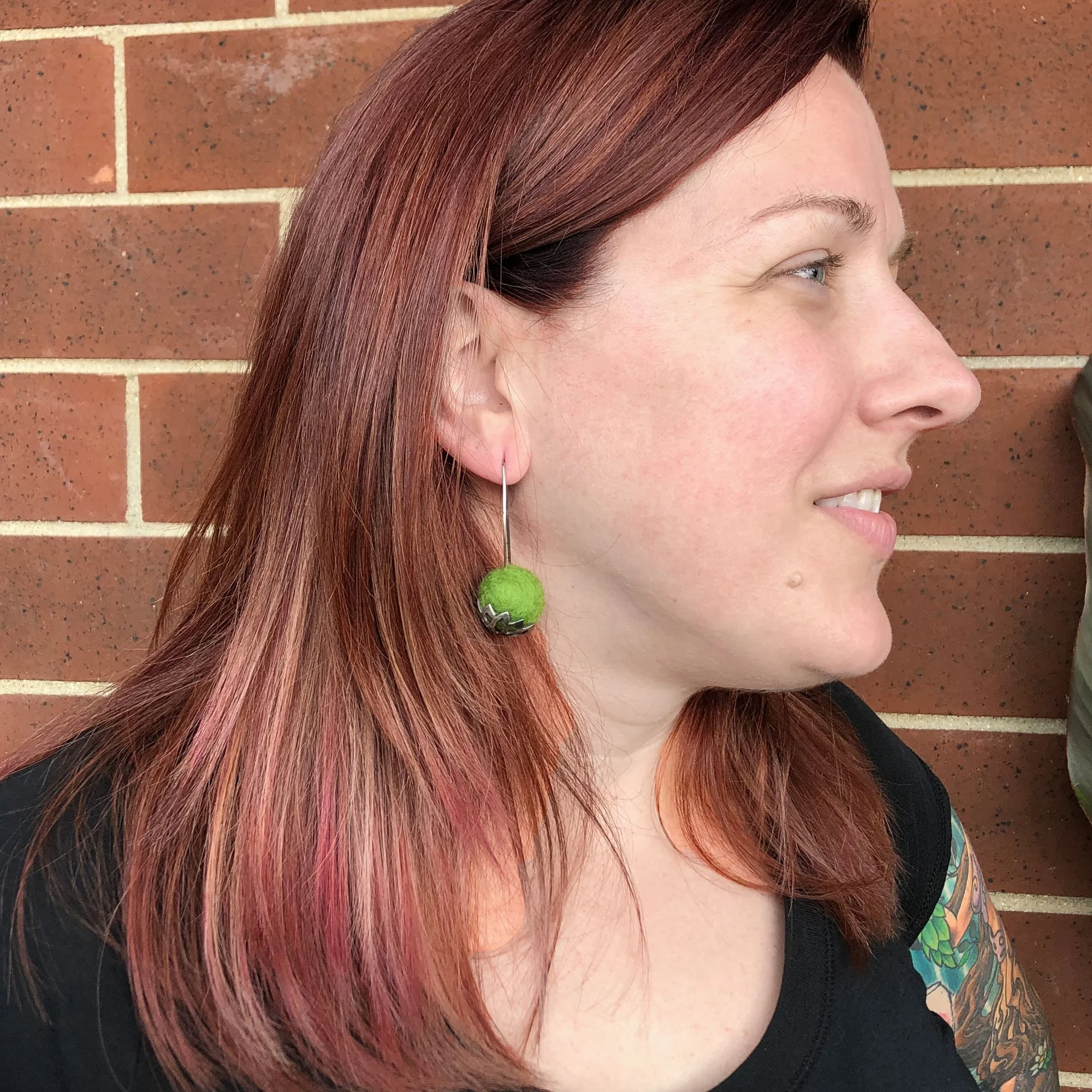 Green Wool and Sterling Silver Drop Earrings w/ Model profile