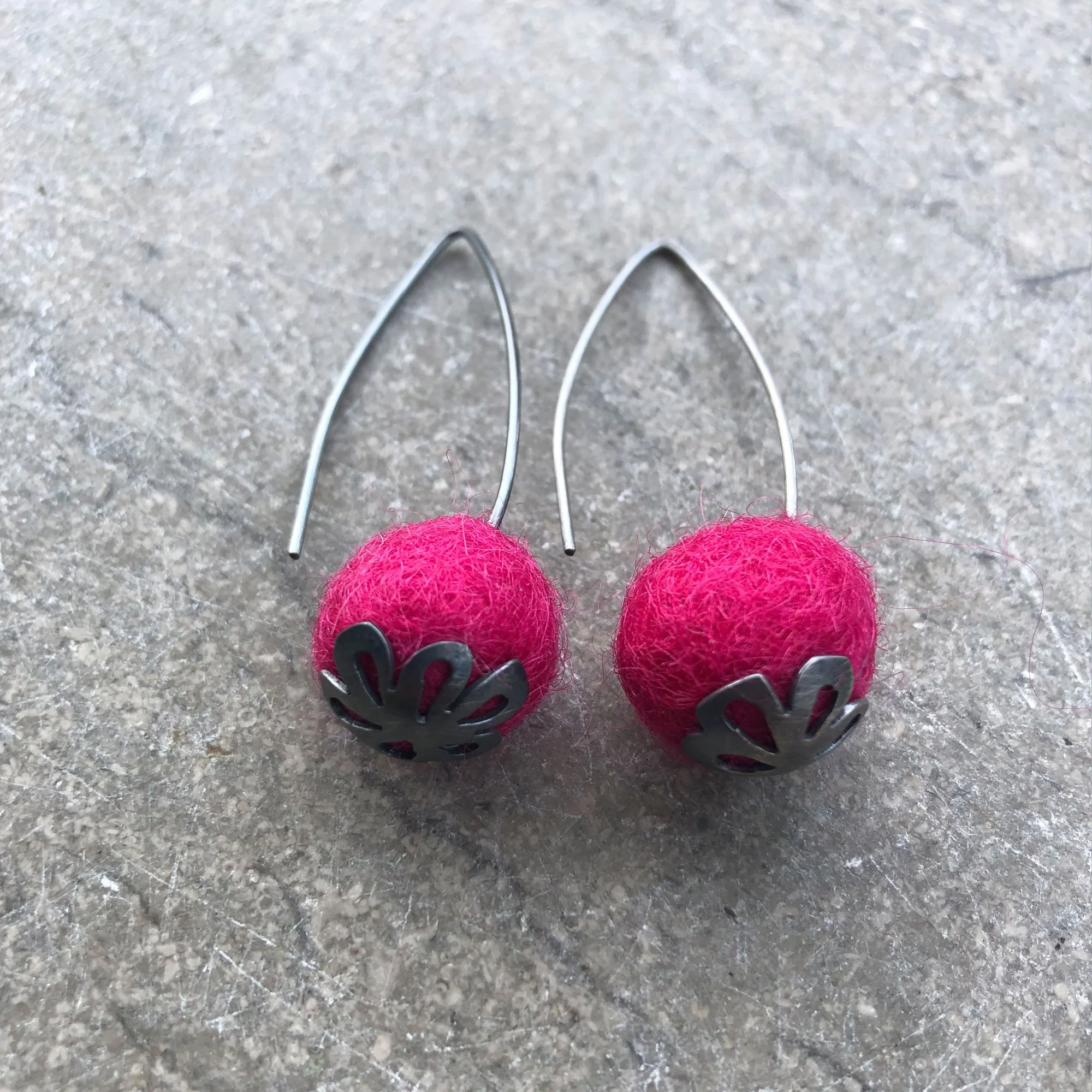 Pink Felted Wool Drop Earrings Detail