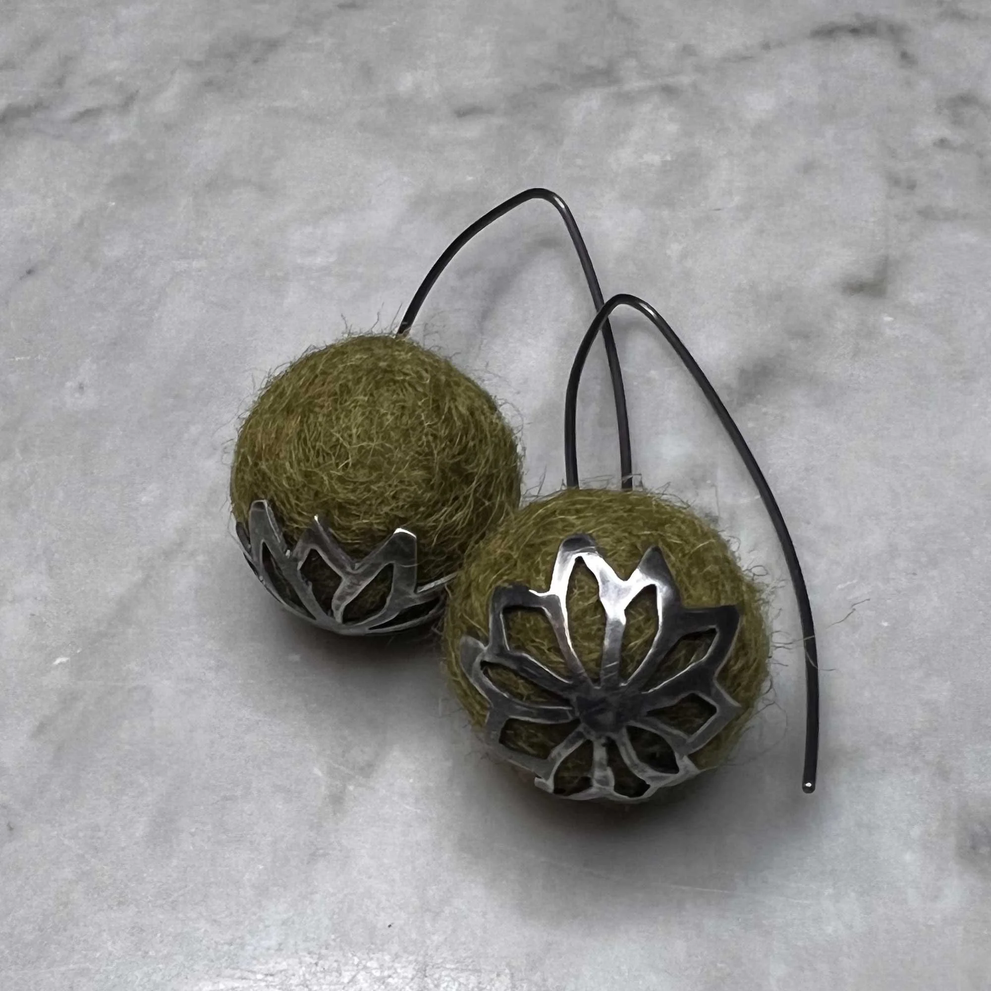 Olive-green Felted Wool Drop Earrings detail shot
