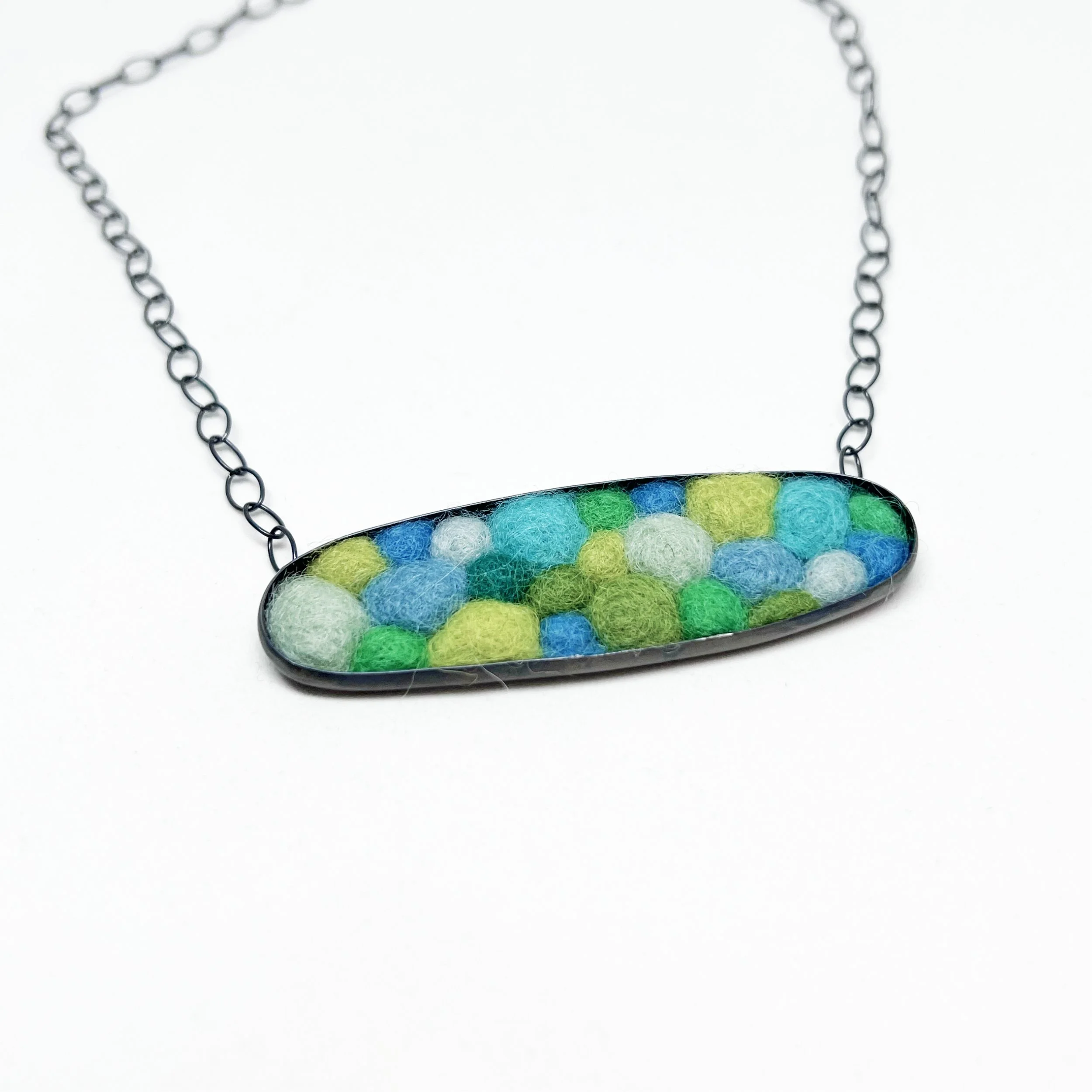 Handmade Fiber & Silver Necklace – Green Blue Felted Wool Design.