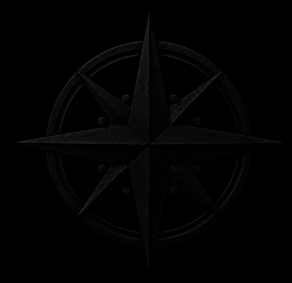Emblema de brújula negra inspirado en navegación, precisión y lujo silencioso contemporáneo.