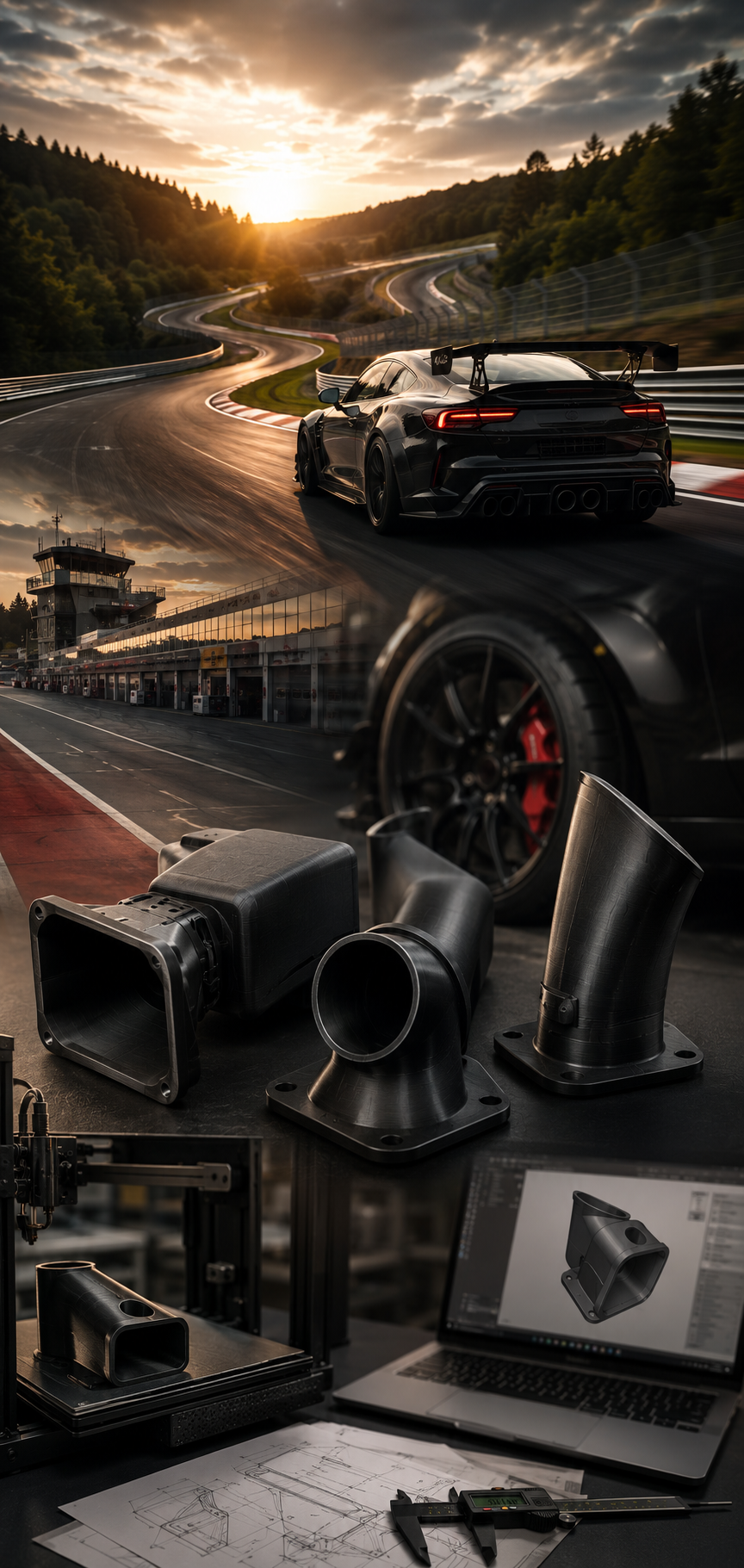 The image showcases a racing scene with a black sports car on a track during sunset, a pit lane with race car parts, and a design workspace with CAD models and prototypes.
