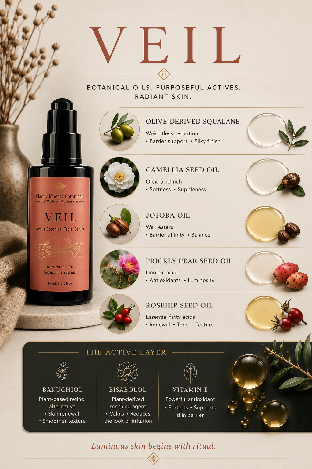 Veil botanical facial serum visual guide featuring bakuchiol, olive-derived squalane, camellia seed oil, jojoba oil, prickly pear seed oil, rosehip seed oil, bisabolol, and vitamin E.