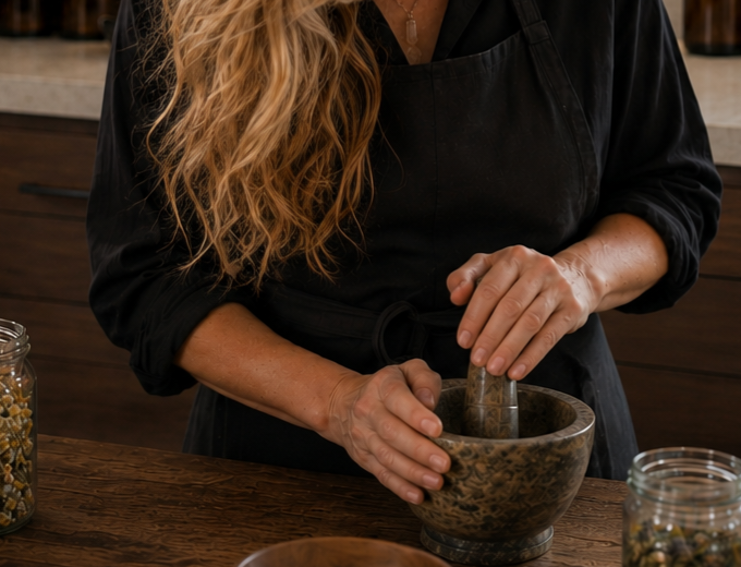 Alecia, Clinical Herbalist and Registered Nurse, with long curly blonde hair grinding herbs in a mortar and pestle in a kitchen or herbal workshop.