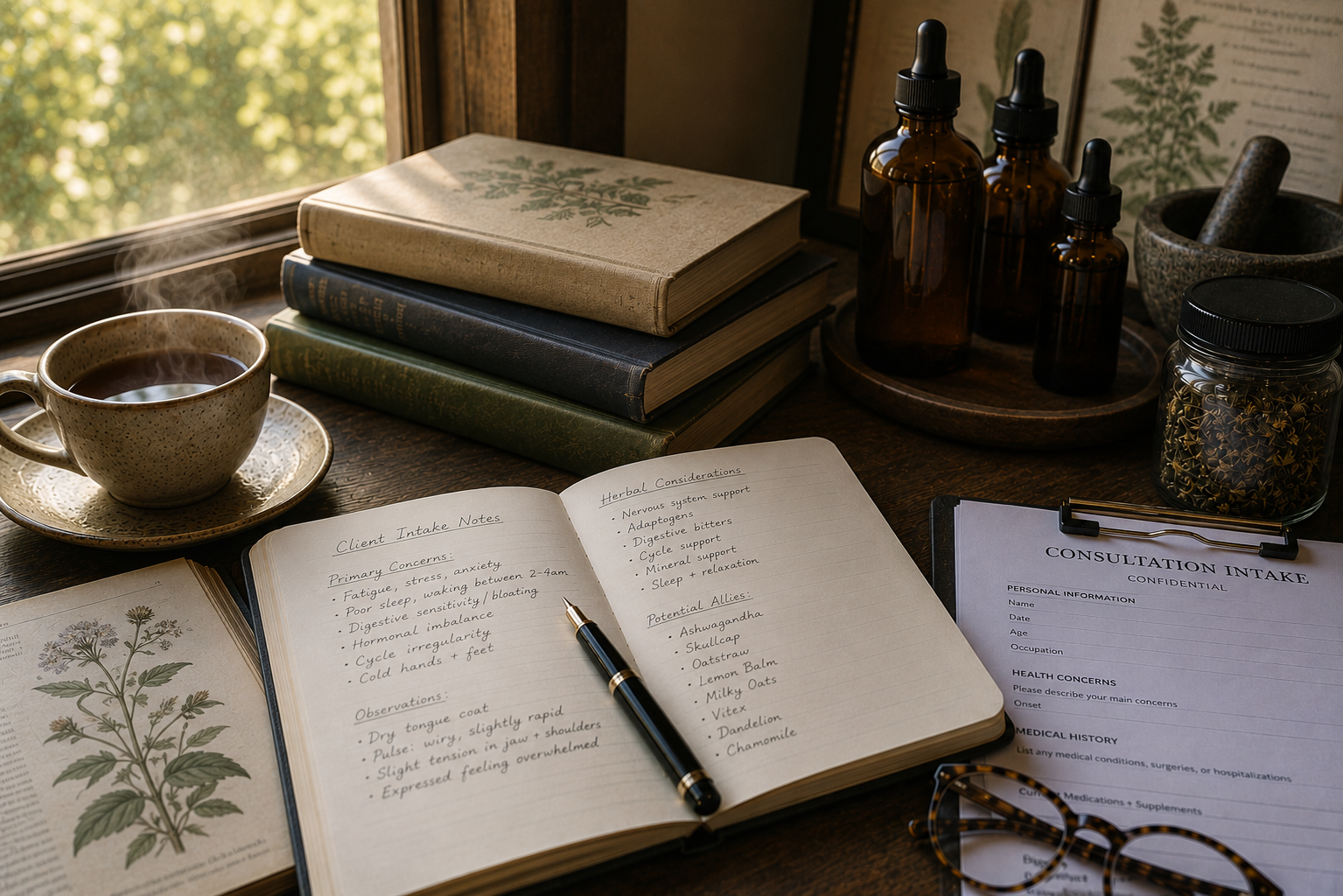 Plant Alchemy Botanicals consultation workspace featuring herbal formulations, educational resources, intake notes, and botanical wellness tools.