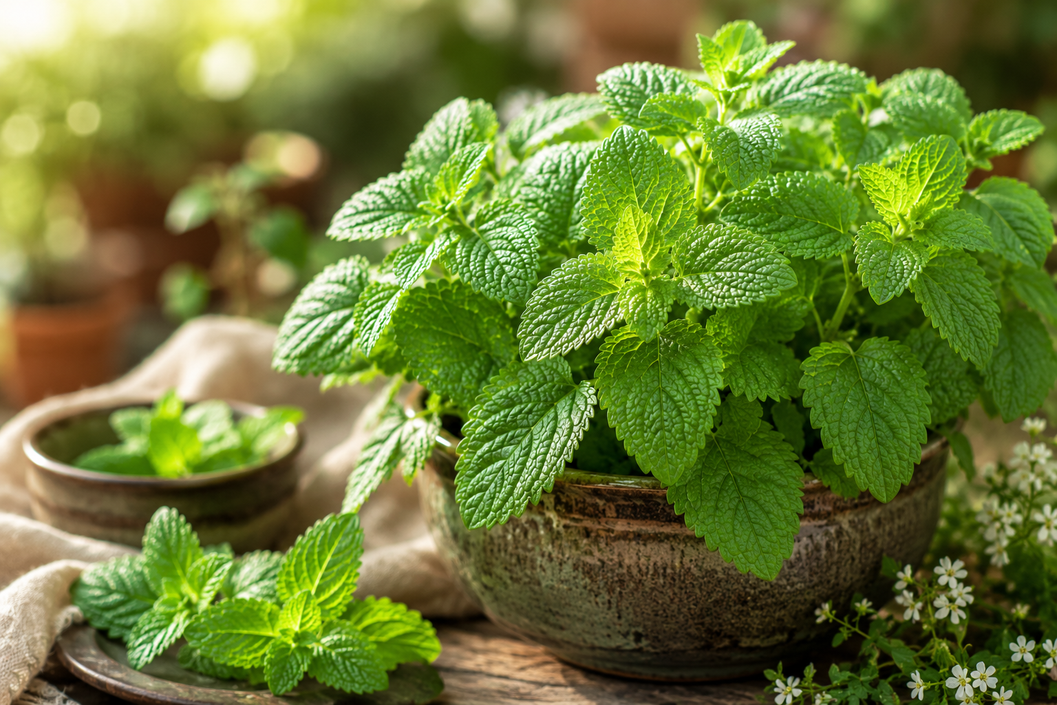 Fresh Lemon Balm (Melissa officinalis) growing in the garden with vibrant green leaves, illustrating a calming medicinal herb traditionally used to support mood, digestion, sleep, memory, and nervous system health.