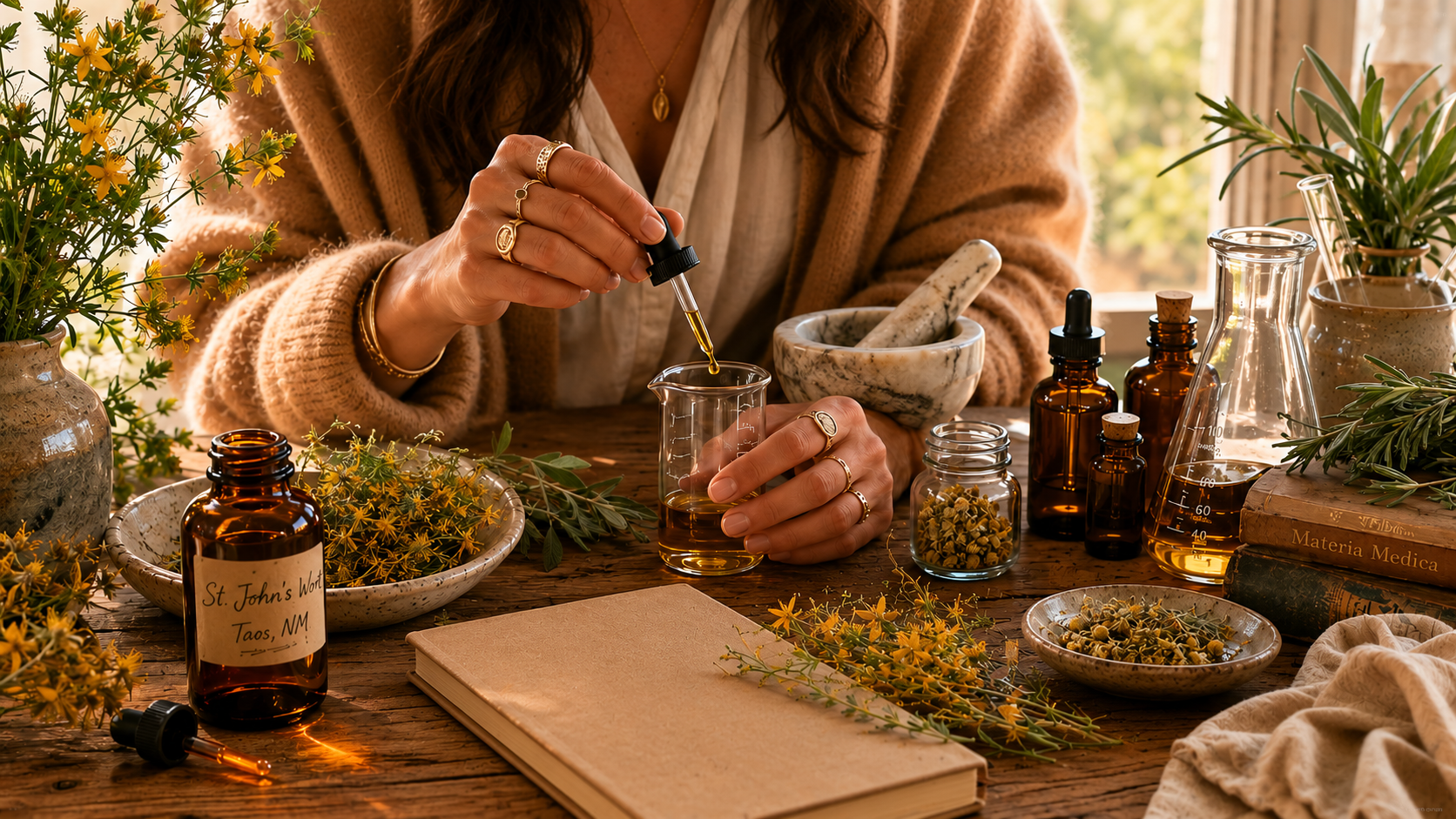 Hands blending a botanical formulation at a sunlit apothecary workbench surrounded by dried herbs, amber glass bottles, and handwritten materia medica notes, including a labeled St. John's Wort tincture from Taos, New Mexico.