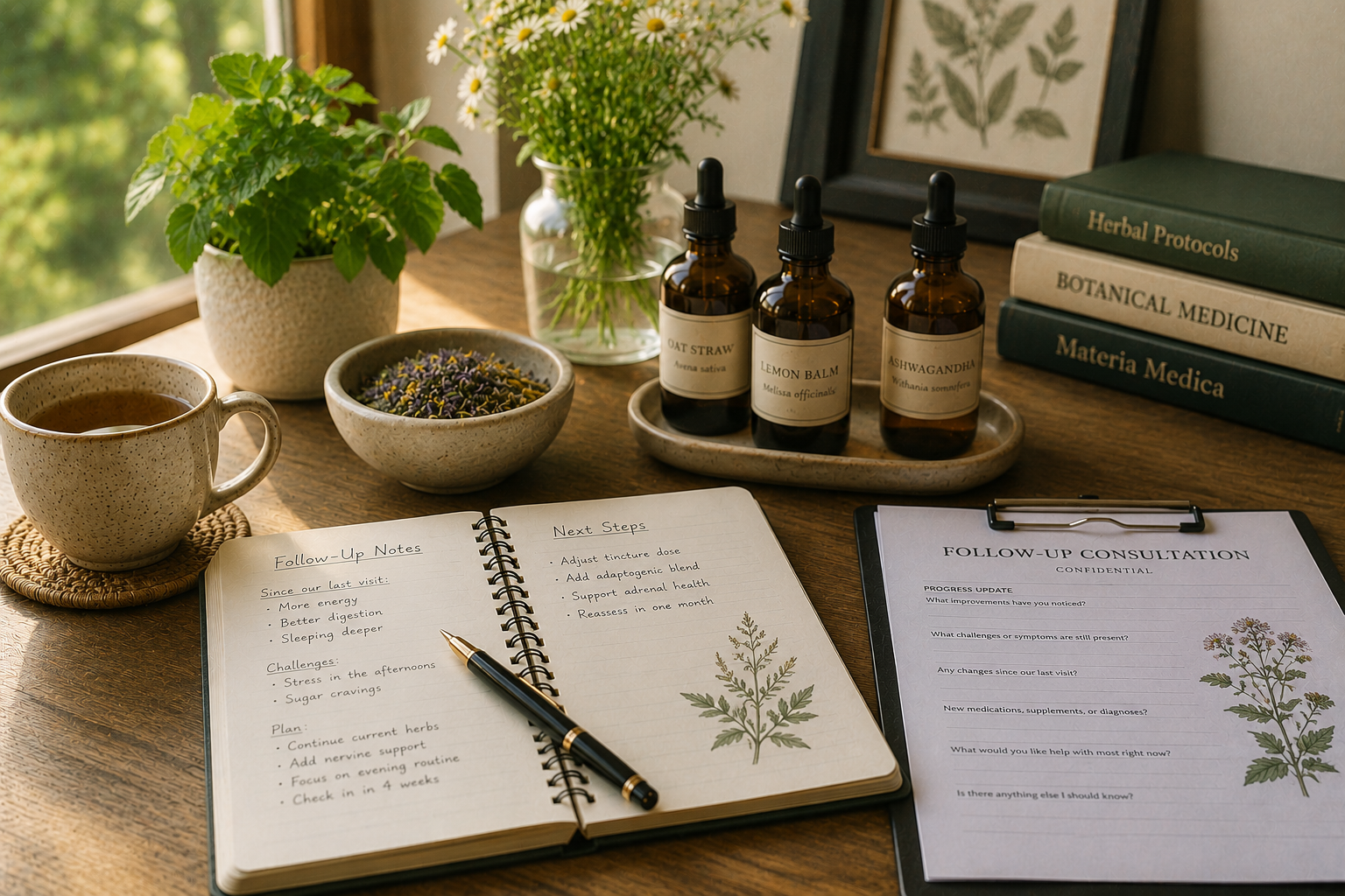 A wooden desk featuring herbal medicine bottles, potted herbs, a bowl of dried flowers, a cup of tea, books on herbal and botanical medicine, and an open notebook with follow-up notes and a pen, with sunlight coming through a nearby window.