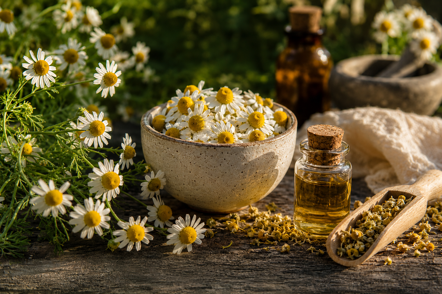 German chamomile (Matricaria recutita) flowers with dried blossoms and herbal oil in a warm botanical apothecary setting.