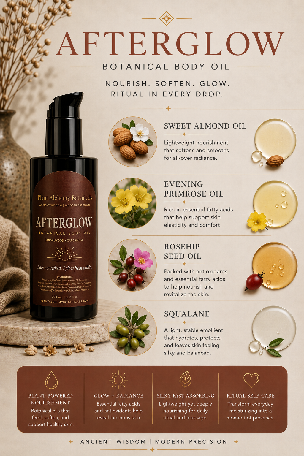 Afterglow botanical body oil visual guide featuring sweet almond oil, evening primrose oil, rosehip seed oil, and squalane with their skin benefits.