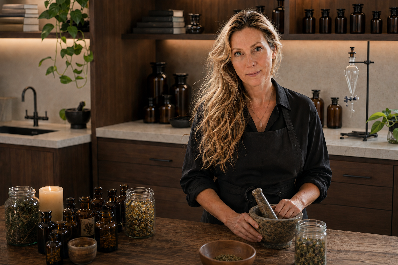 Alecia, Clinical Herbalist and Registered Nurse, wearing a black apron stands in a kitchen, preparing herbs in a mortar and pestle. The Scandinavian kitchen has wood cabinets, glass jars, a candle, and apothecary bottles on the counter and shelves.