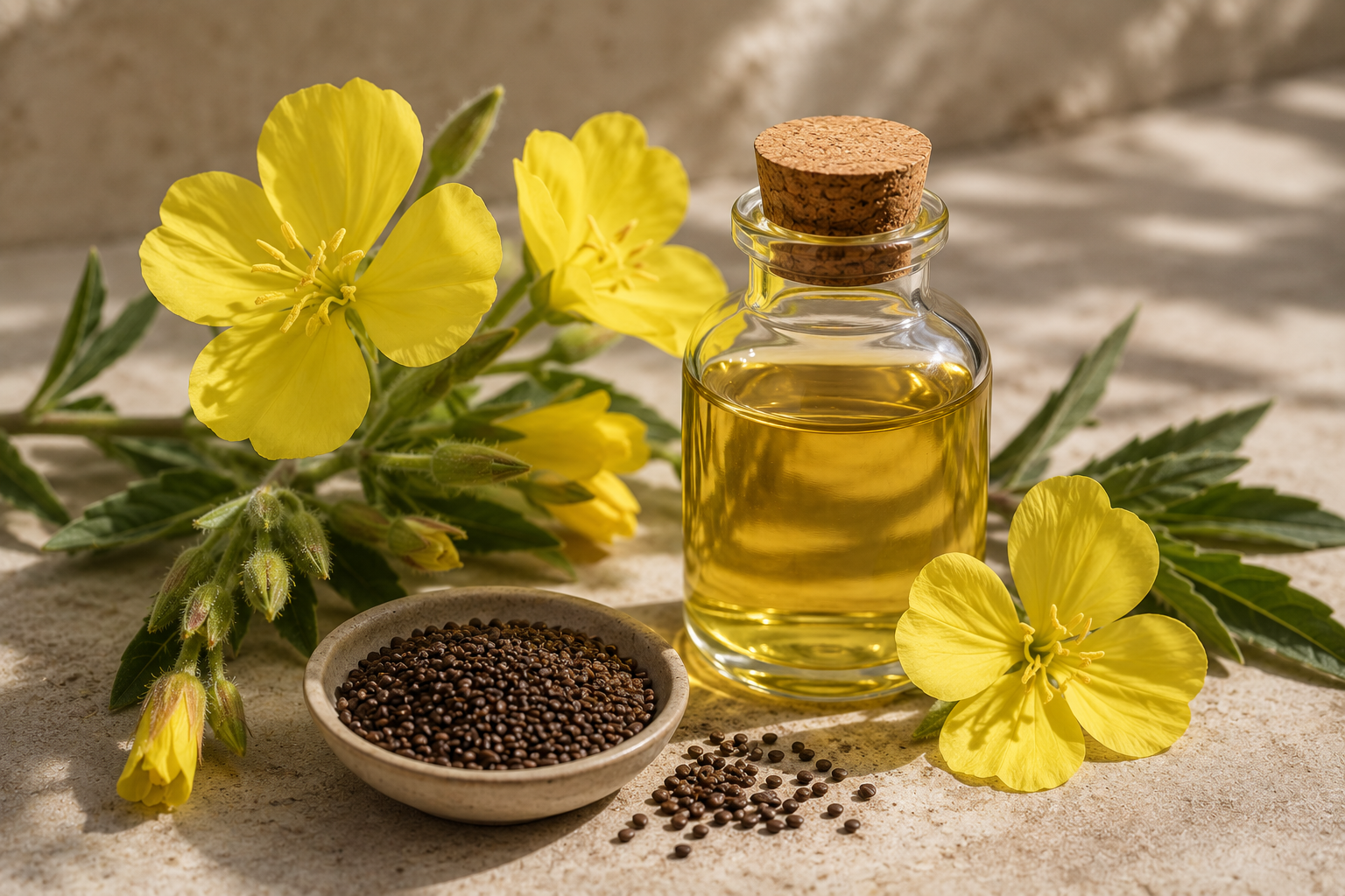 Bottle of cold-pressed Evening Primrose Oil beside fresh yellow evening primrose flowers and seeds, illustrating a botanical oil rich in gamma-linolenic acid (GLA) for skin health.
