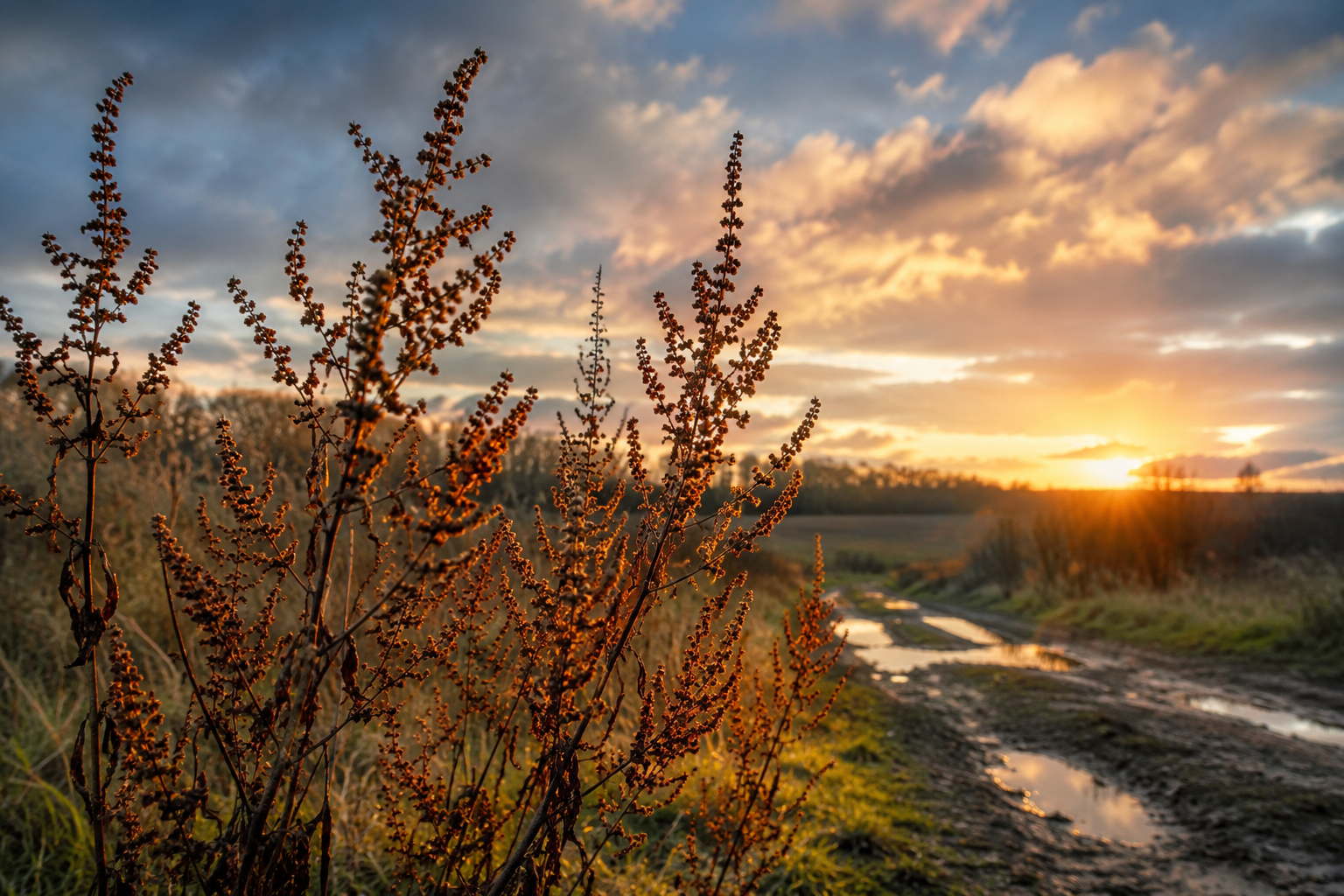 Mature Yellow Dock (Rumex crispus) rising in an architecture of rust and seed, backlit by golden sunset along a disturbed wayside path.