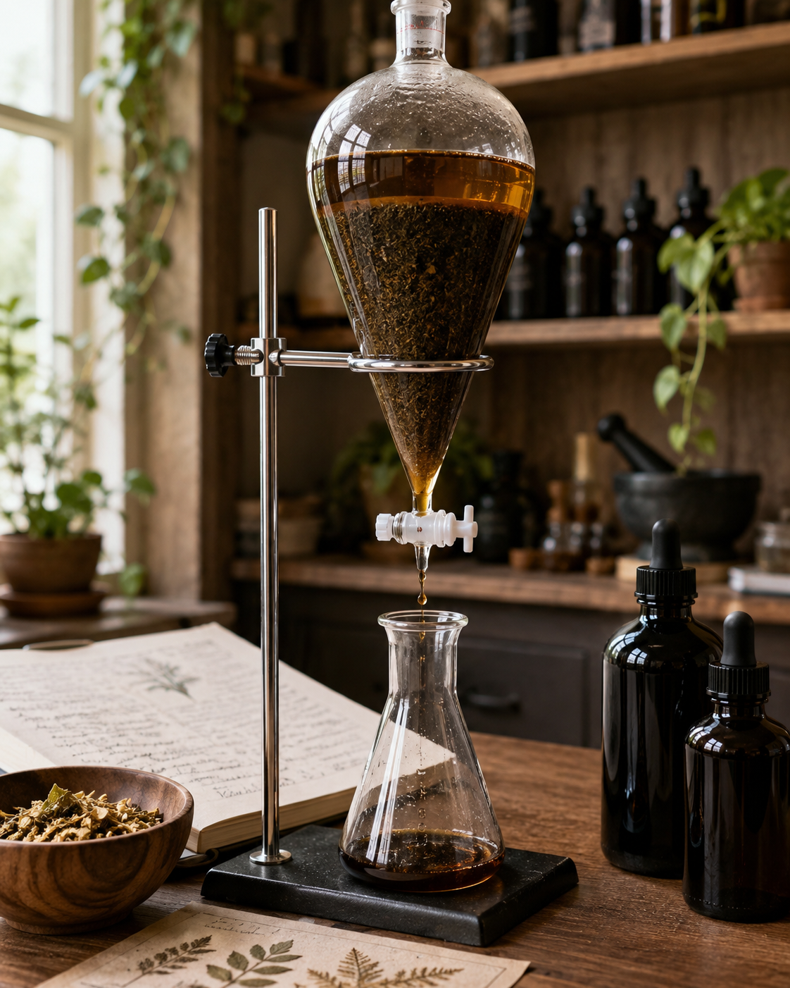 A separatory funnel adapted for botanical tincture percolation, mounted on a laboratory stand with compressed medicinal herbs and amber tincture slowly dripping into a receiving flask in a luxury artisan apothecary.