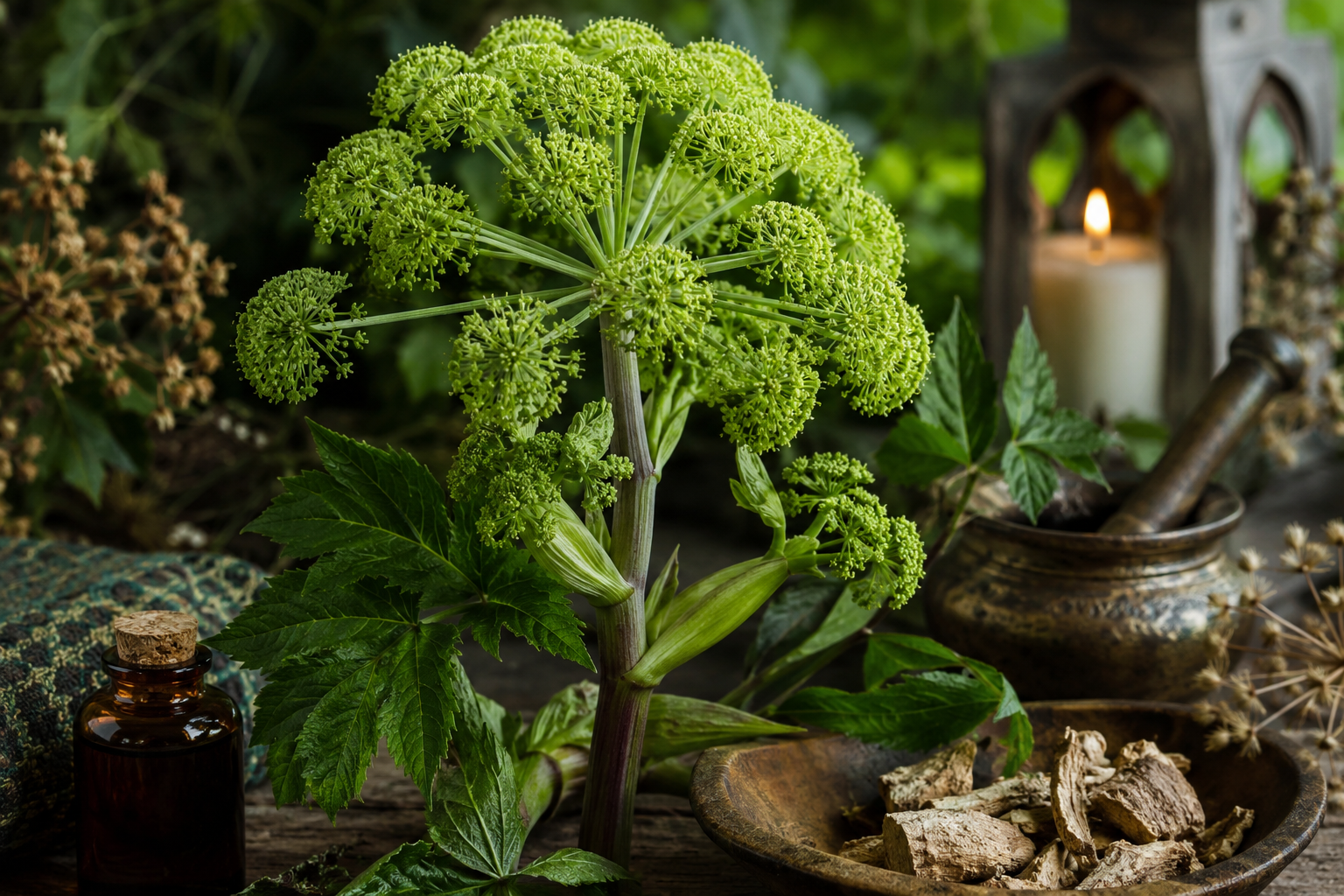 Angelica (Angelica archangelica) growing beside dried roots and traditional apothecary tools, symbolizing protection, vitality, and the warming restorative traditions of Western herbal medicine.
