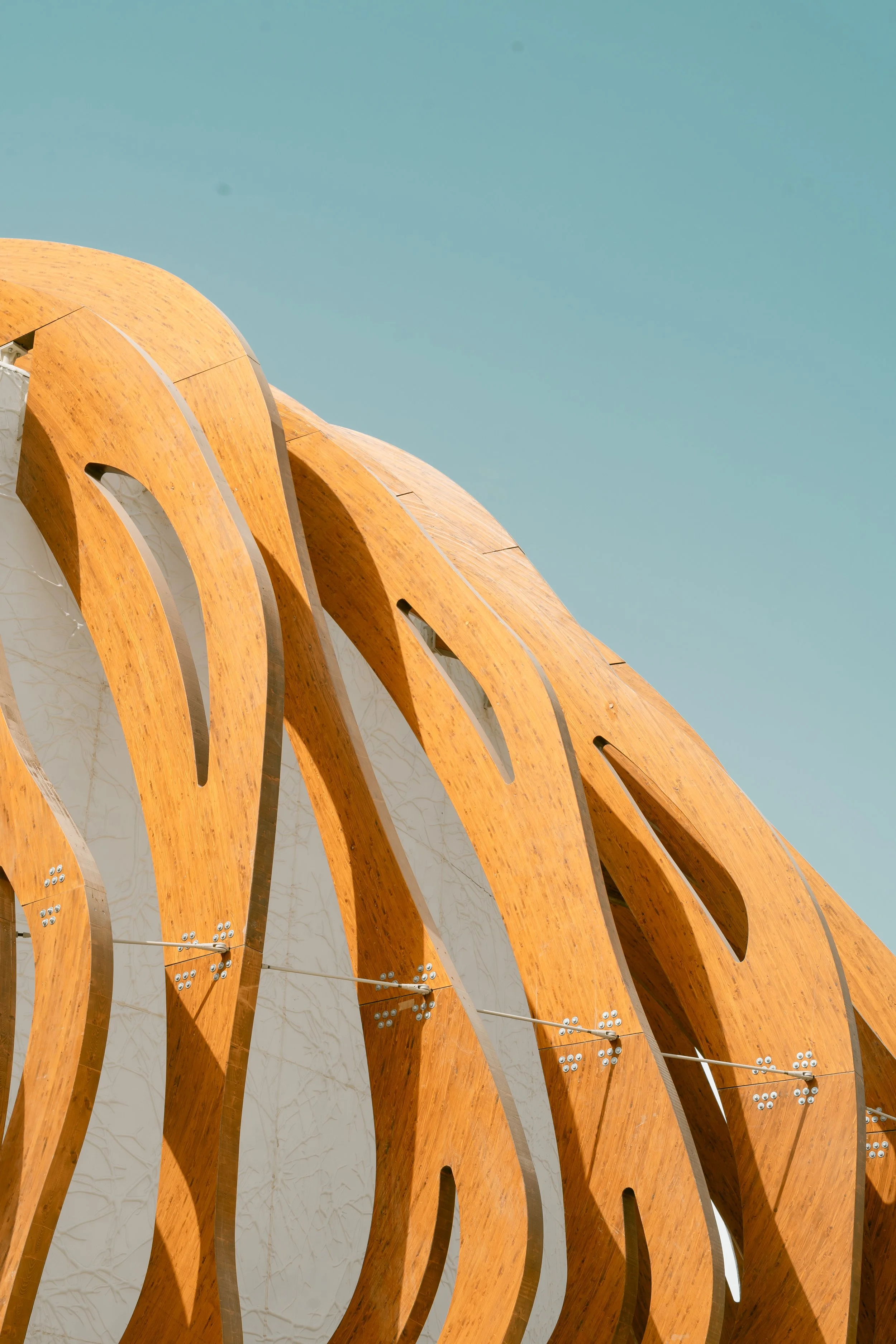 Structure architecturale en bois courbe, avec éléments métalliques, contre un ciel clair.