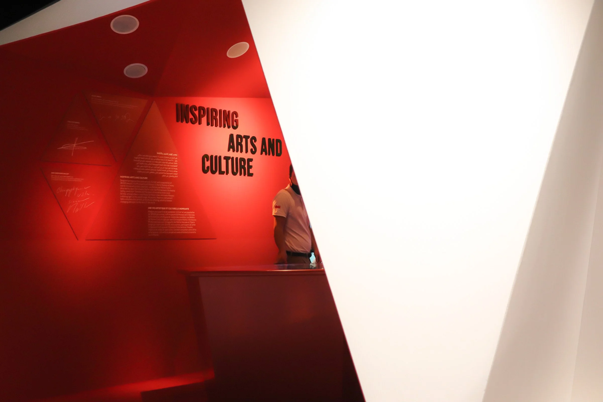 Une exposition avec un mur rouge où est inscrit en gros caractères noirs « INSPIRING ARTS AND CULTURE » et plusieurs textes descriptifs. Une personne portant un t-shirt blanc est partiellement visible.